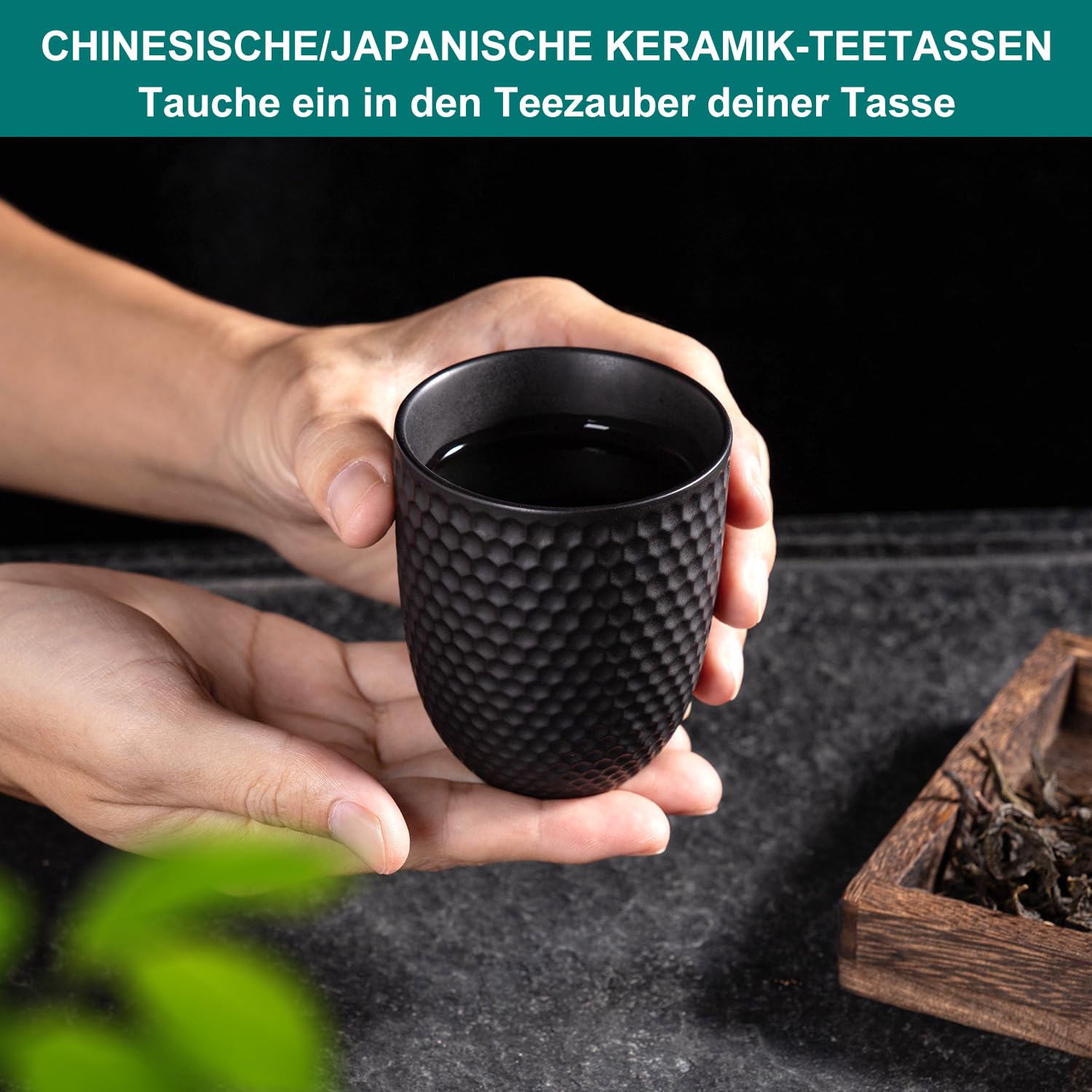 Japanische Teetasse Keramik, Tee Tassen Schwarz, Chinesische Teetassen Set Buddhistische Herz Sutra Muster Keramik Tasse ohne Henkel (180ml*4)