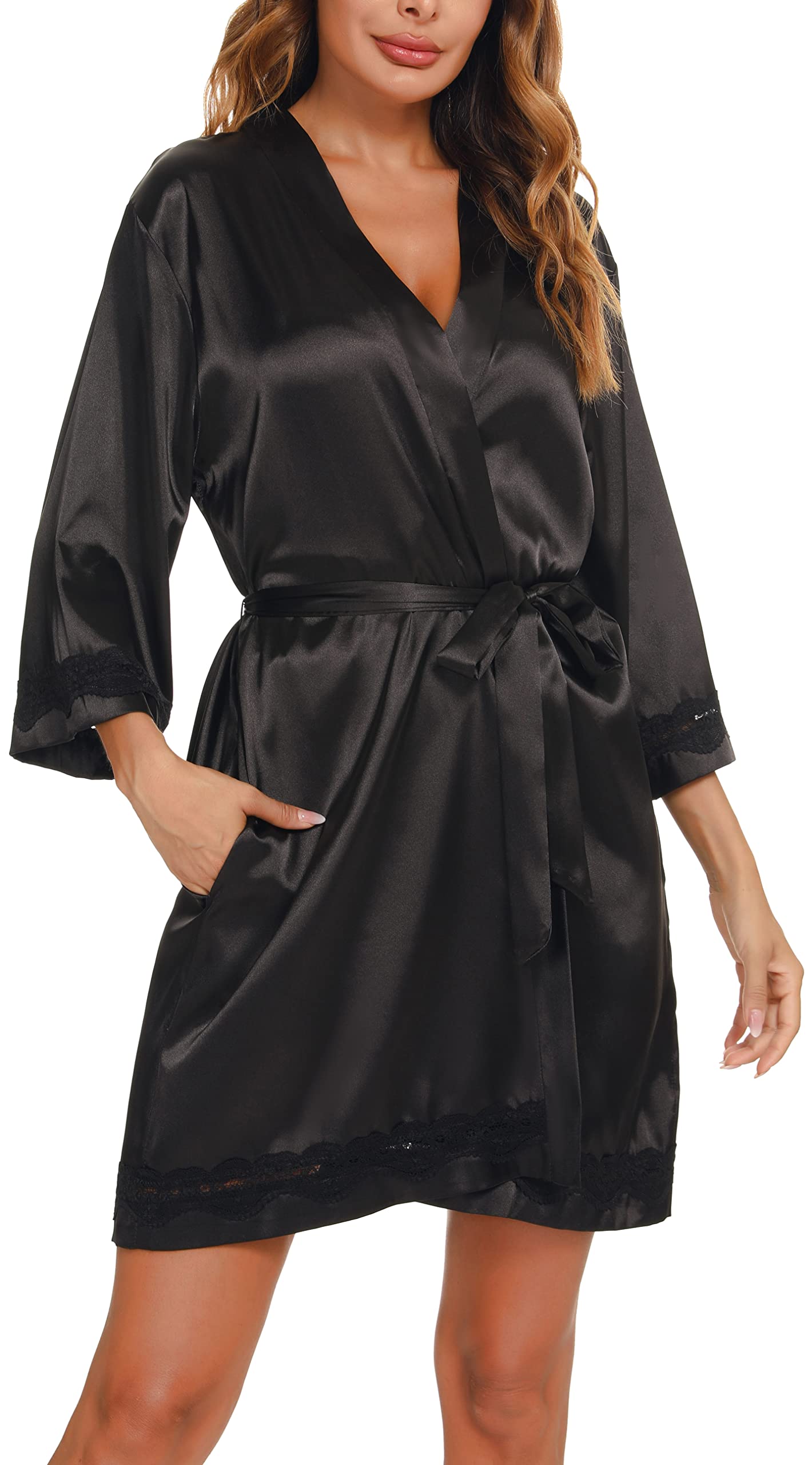Vlazom Women's Satin Dressing Gown, Silk Lace Kimono Robe Soft Wedding Party Bathrobe 3/4 Sleeve Sleepwear with Oblique V-Neck UK Size 6-24