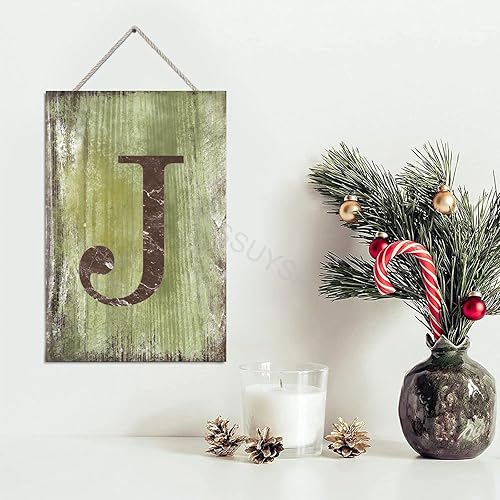 Vista 279 de Letrero colgante de madera con letra J, letrero de madera para decoración del hogar, 26 letras del alfabeto de metal, placa de madera, decoración
