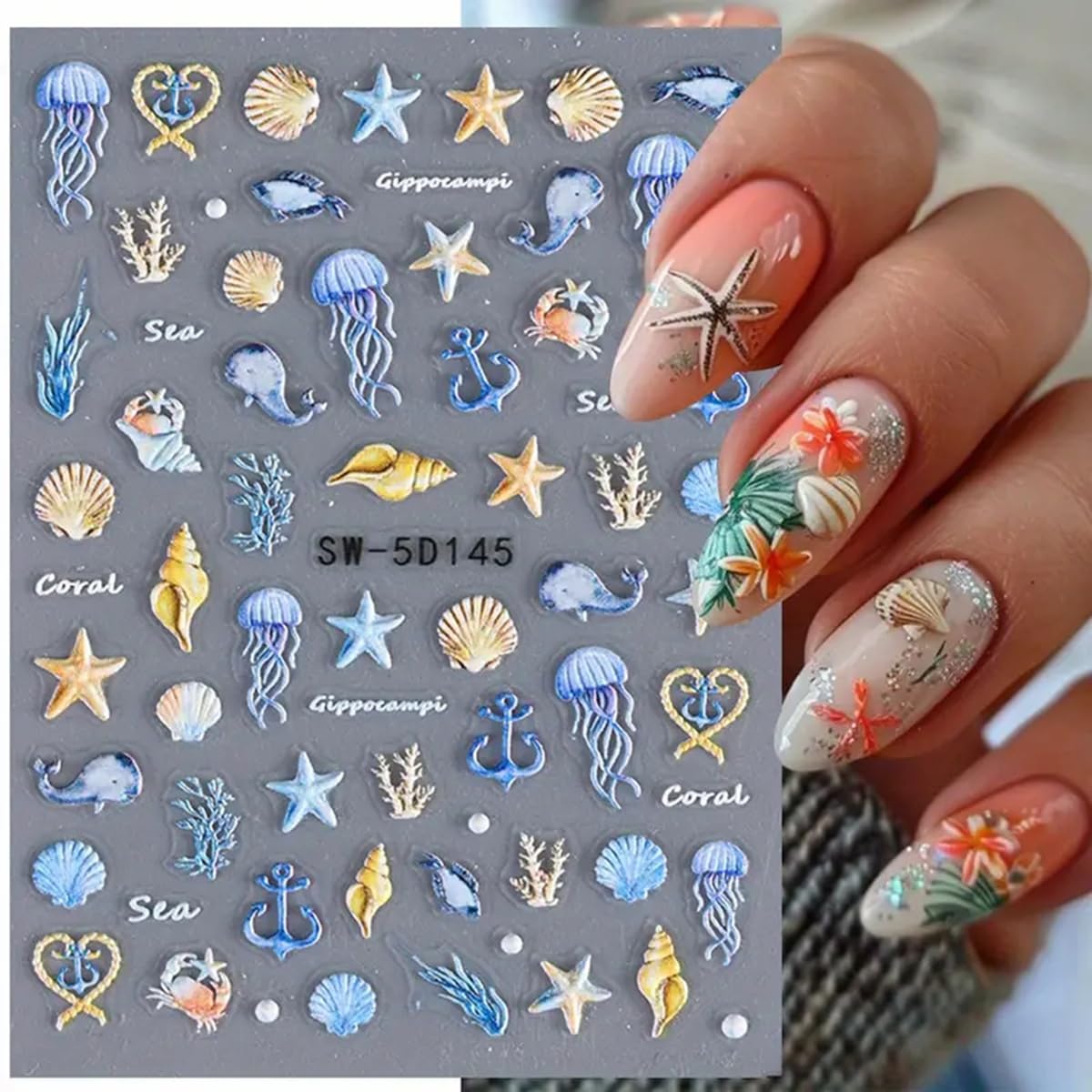 5D Embossed Ocean Life Nail Art Stickers Decals Self Adhesive Seashell Starfish Nail Decals Sea Creature Designs Summer Nail Stickers Marine Life Manicure Sliders for Women DIY Nail Art Decorations