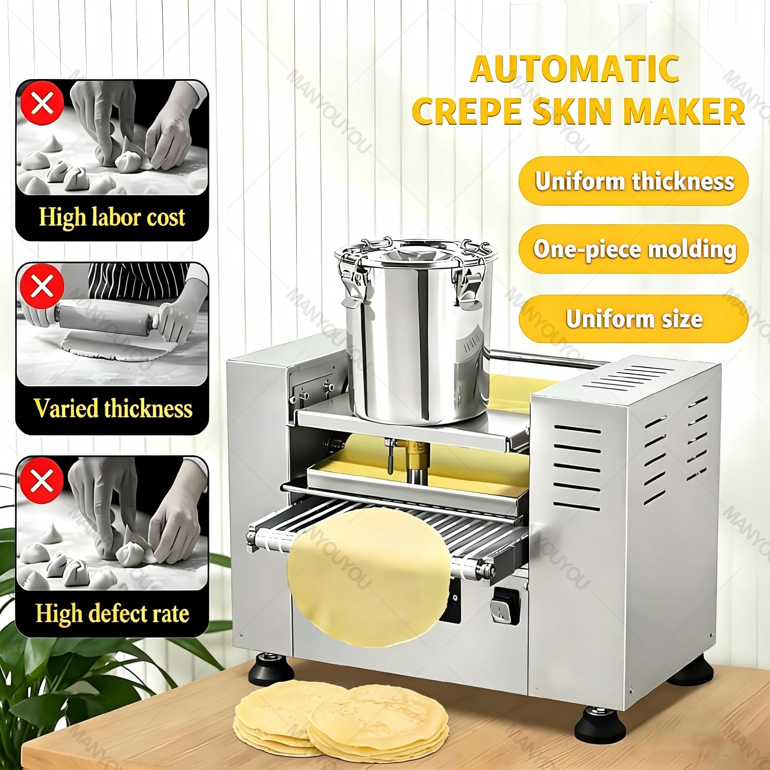 Máquina para Hacer Crepes, Crepera Eléctrica Y Plancha De Cocina, 100 a 350 Unidades por Hora, Espesor De 0,4 a 1,2 Mm, Diámetro De La Crepe De 15 a 23 Cm, Velocidad De Cocción Ajustable 8in