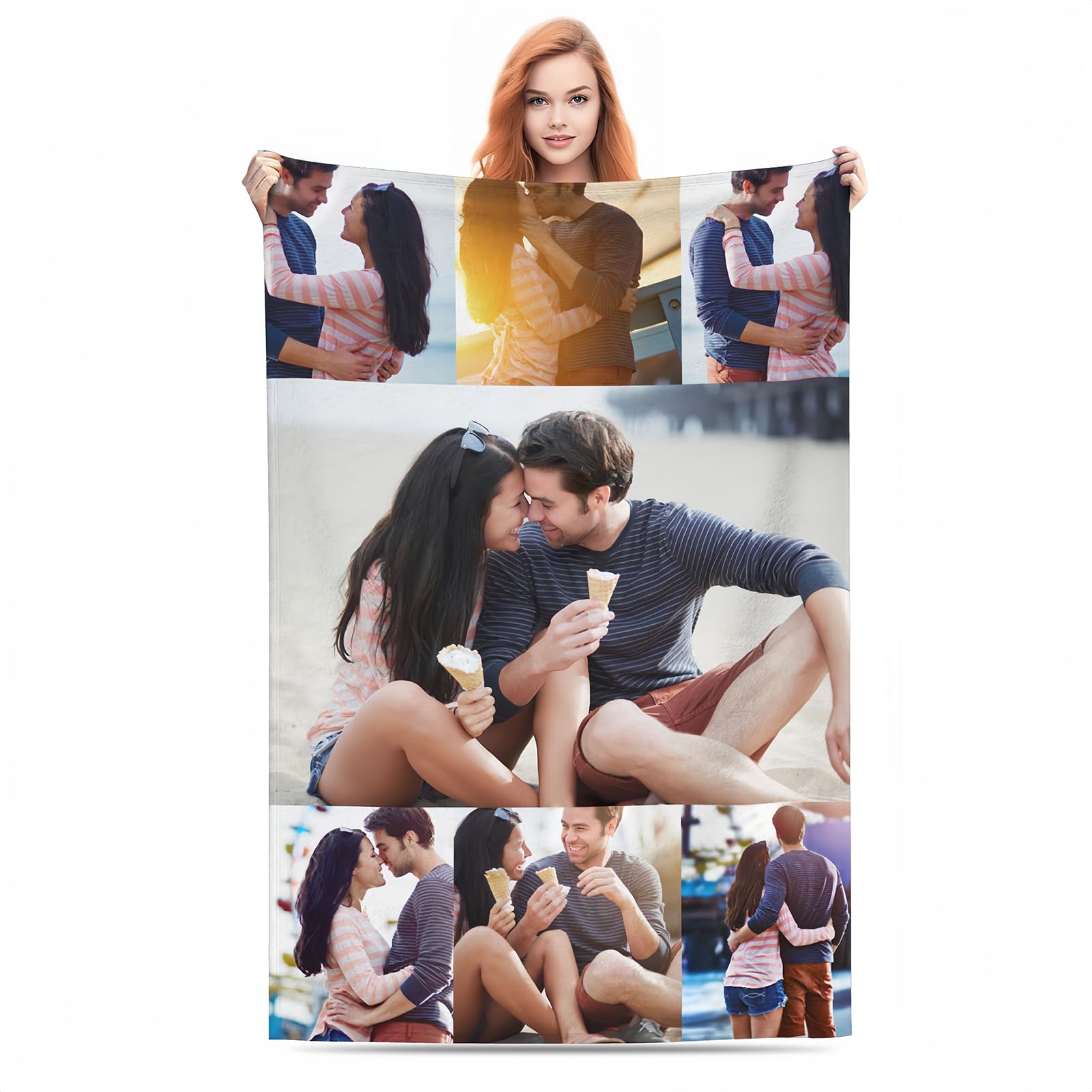 Bbflyper Personalised Blanket Custom Blanket with Any Photo/Text,Personalized 8 Photo Collages Customised Blanket for Wife Husband Couples-7Photo,170 × 200cm