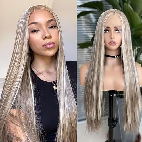 COCOFANS Pelucas rubias cenizas con reflejos, pelucas sintéticas de encaje frontal para mujer, sin pegamento, peluca larga y sedosa, línea de