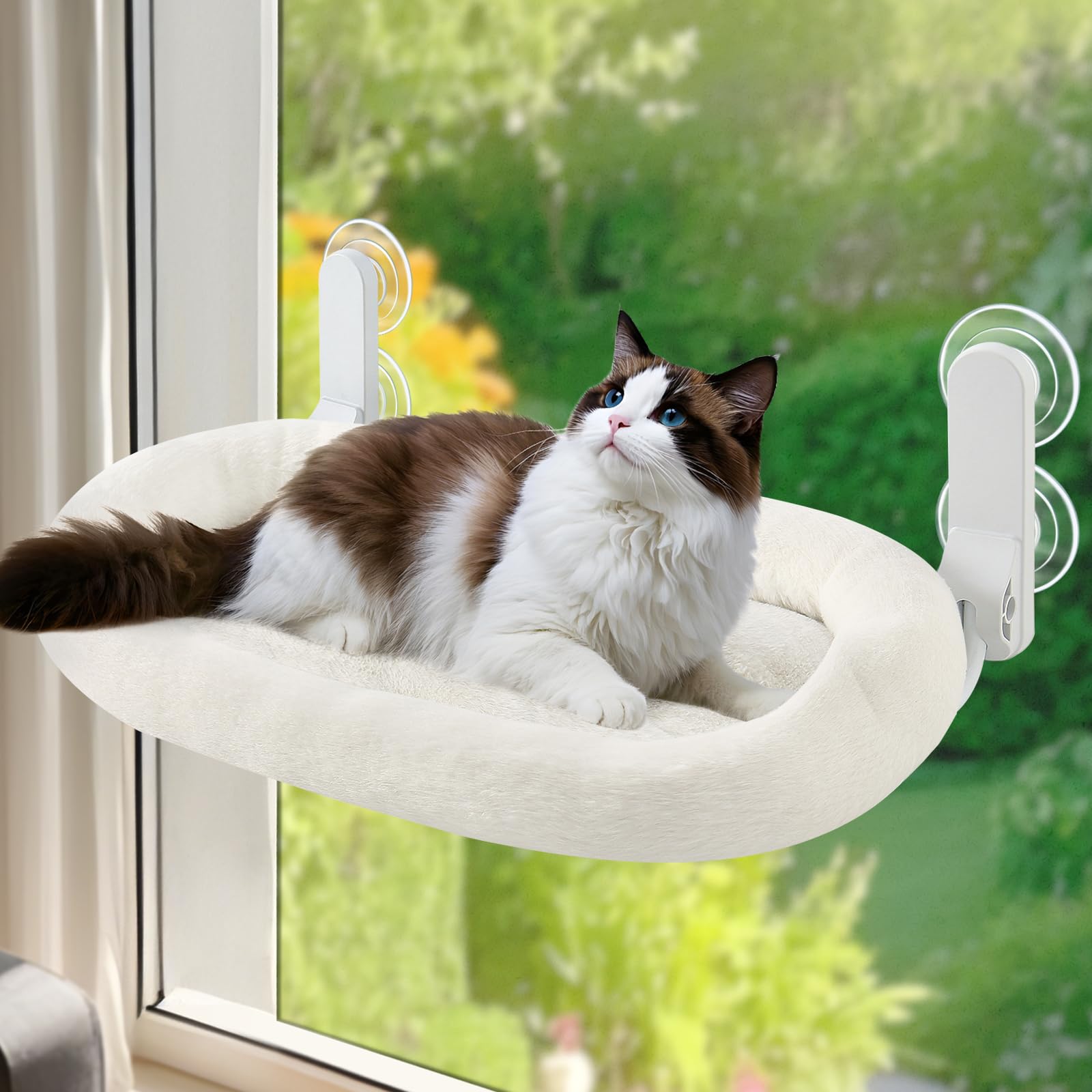 GUUSII HOME Amaca per Gatti da Finestra Letto Morbido e Confortevole per Gatti Trespolo e Mensola per Riposo Interno Facile da Installare Senza Forature Animali domestici (Bianco)