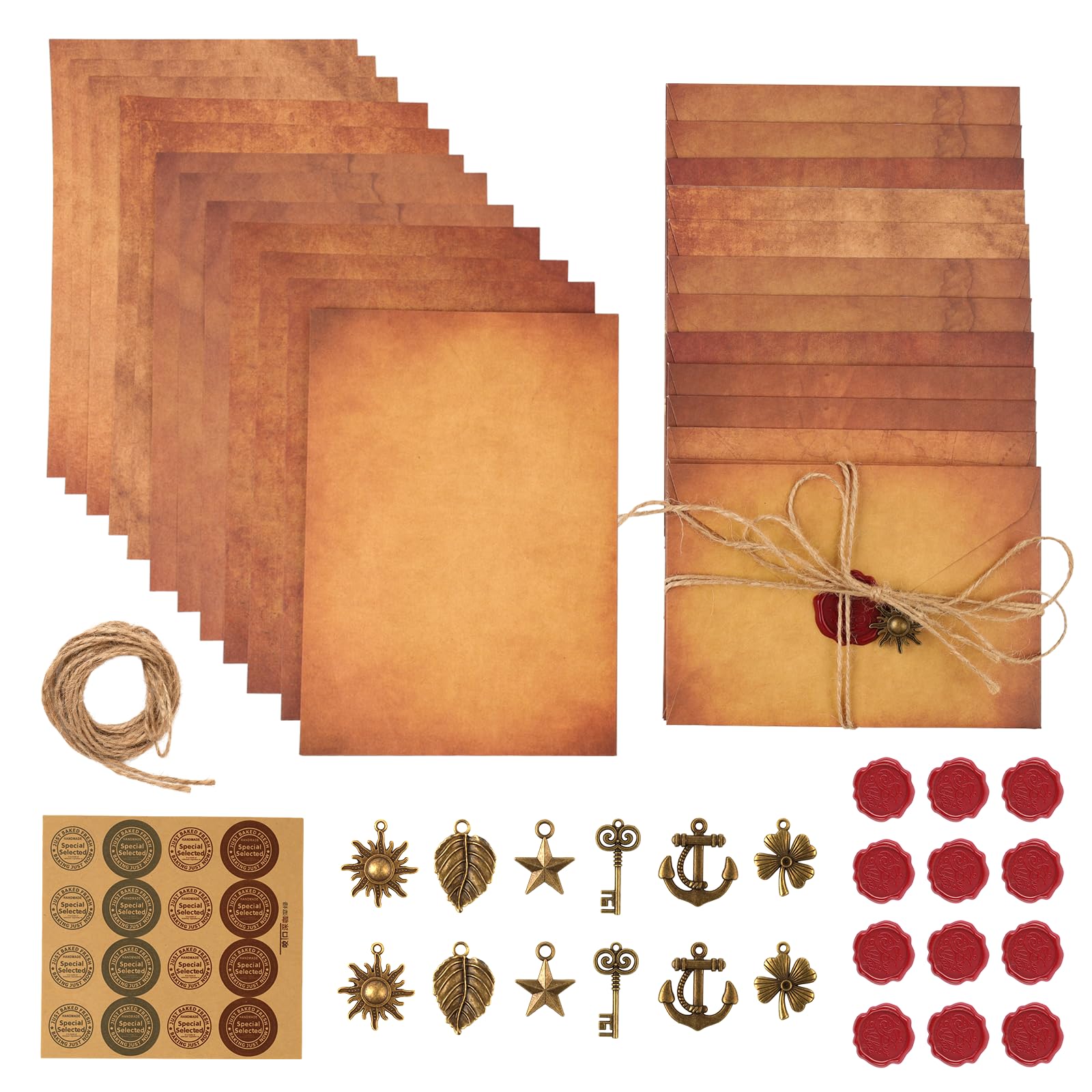 73 Pcs Vintage Writing Paper and Envelopes Vintage Letter Writing Set with 12 Envelopes,24 A5 Letter Paper,12 Wax Seal Stickers,12 Retro Keys,12 Hemp Rope for Love Letters, Weddings, Birthdays