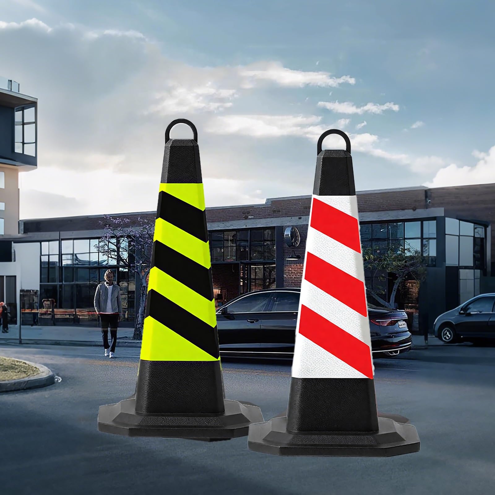 Cône de Signalisation,Bollard de Sécurité, Barrière D'allée, Plot de Marquage, Cône Circulation, Bandes Con Réfléchissantes, 70 cm(Black Yellow)