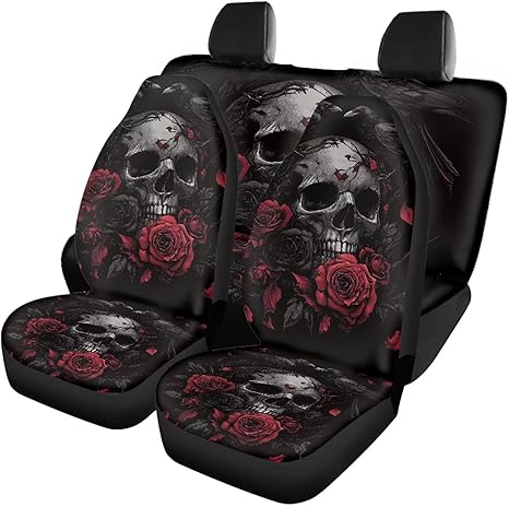 Skull Rose Car Seat Covers 4Pcs Automotive Front and Rear Seat Protector Accessories, Car Seat Cushions Seat Covers Universal Fit for Cars, SUVs,Trucks