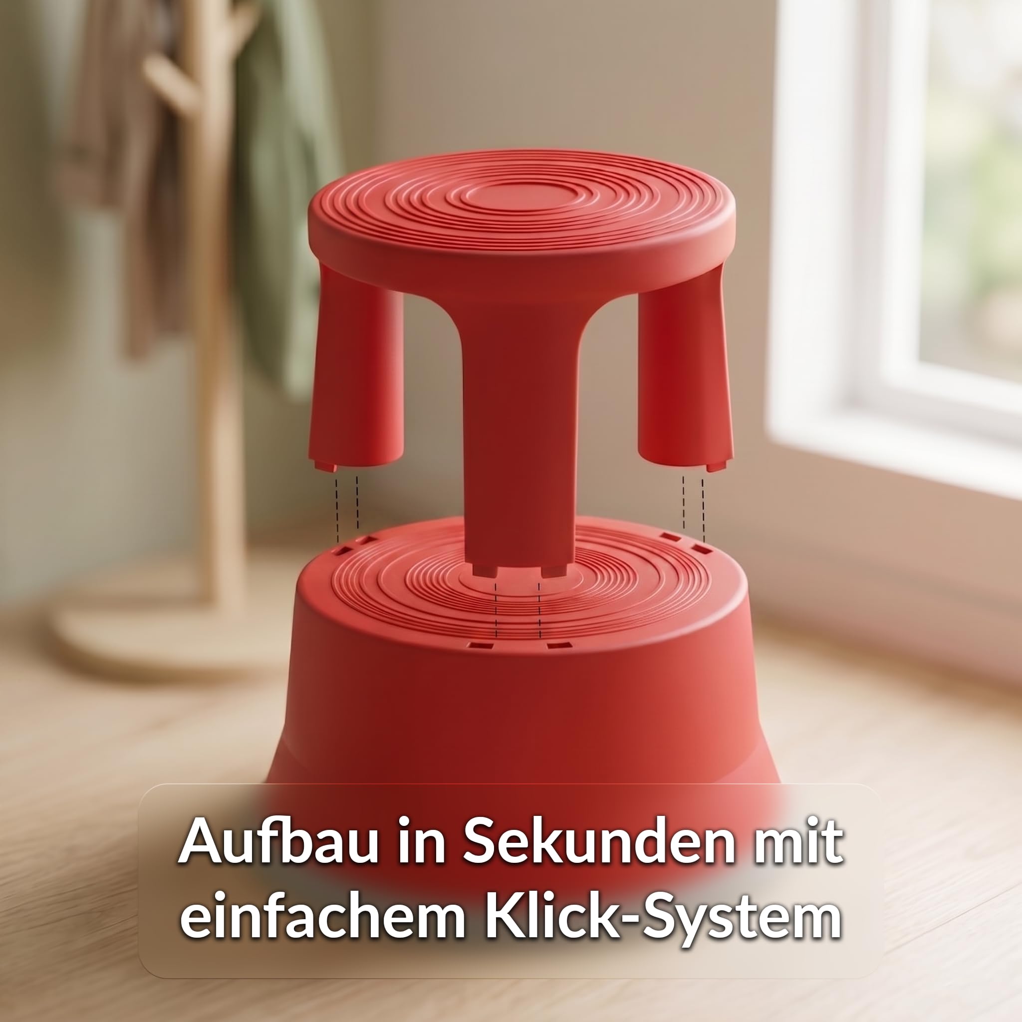 Office Marshal Rollhocker Kunststoff Elefantenfuß rot, Rutschfester Tritthocker mit Rollen, mobiler Rolltritt bis 150 kg, 43 cm hoch, Stabiler Hocker für Büro, Küche, Werkstatt, Lager & Haushalt