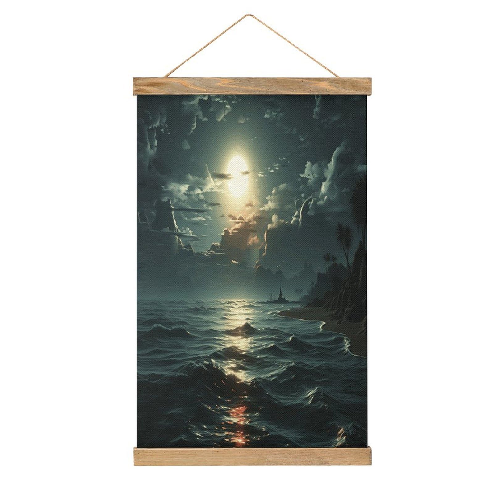 FekiLoot Sea Moon Linen Hanging Painting Vintage Poster Hanger Frame Wall Decor Art Painting Printed on Linen Without Fading Living Room Office Bedroom Playroom Apartment Decor