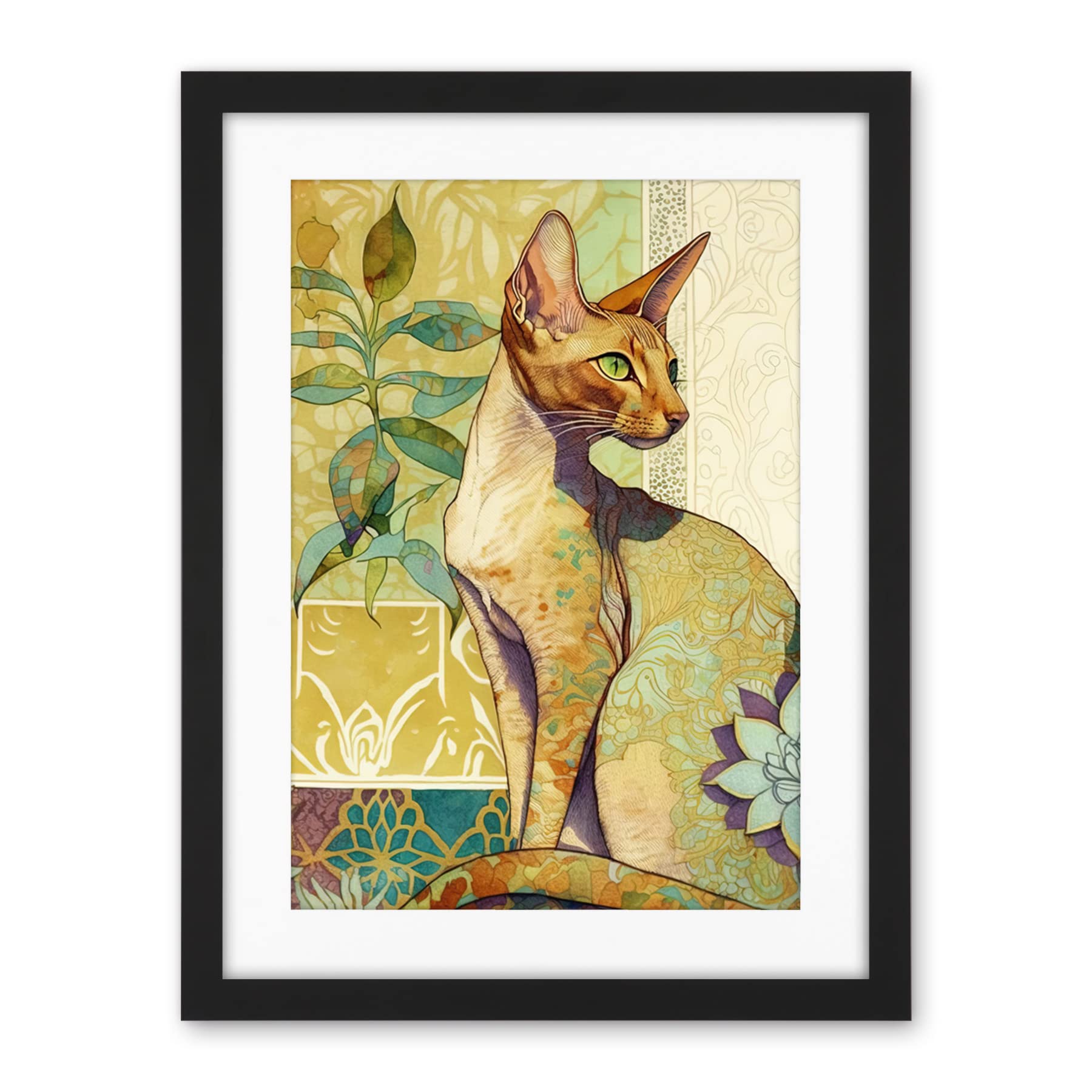 Artery8 Oriental Shorthair Cat with Art Nouveau Botanical Patterns Colourful Watercolour Illustration Artwork Framed Wall Art Print 18X24 Inch