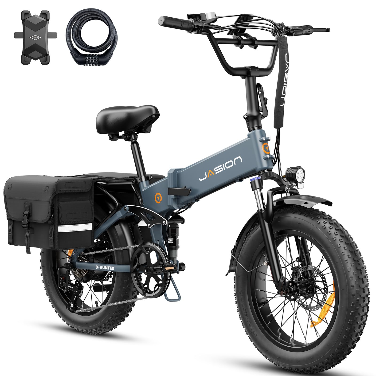 Jasion X-Hunter Electric Bike for Adults,1400W Peak Motor 30MPH Max Speed,48V 13AH Removable Battery Full Suspension 20 * 4.0 Fat Tire Foldable Ebike, 7-Speed Bicycles,with Saddle Bag and Lock
