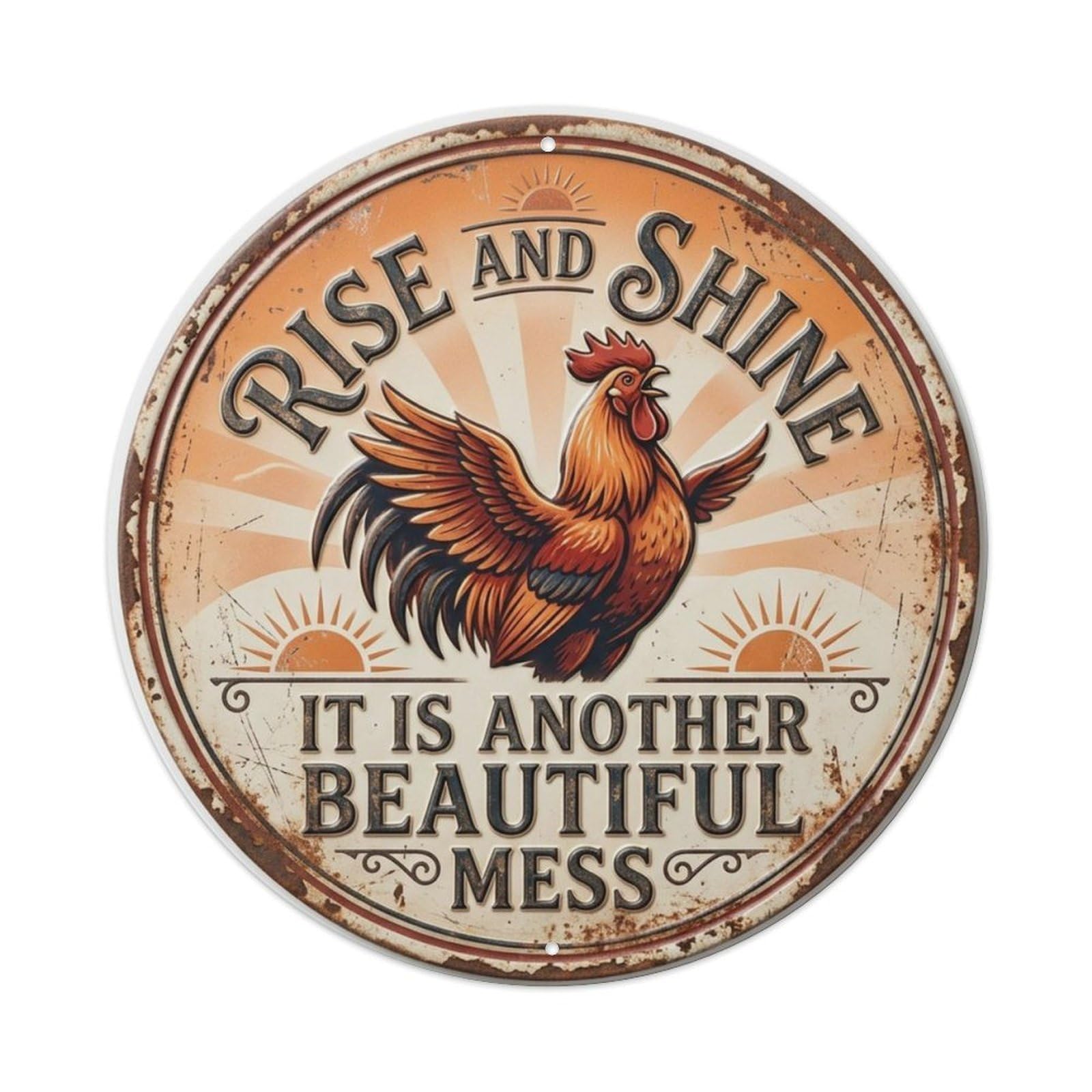Rooster Dawn Kitchen Metal Tin Sign Plaque Wall Decor for Cafe, Club Bar, Office, Home Garden Round Metal Poster 8x8Inch