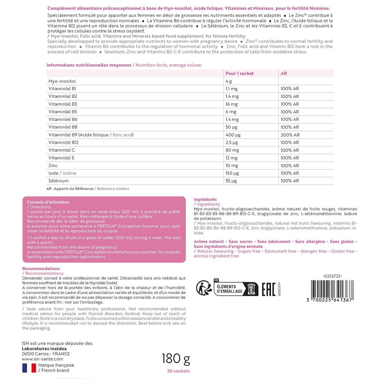 ISN - Fertilia® Conception Femme - Complément alimentaire à base de Myo-inositol, Acide Folique, Iode et antioxydants - Favorise une fertilité normale chez la femme - Cure 30 jours