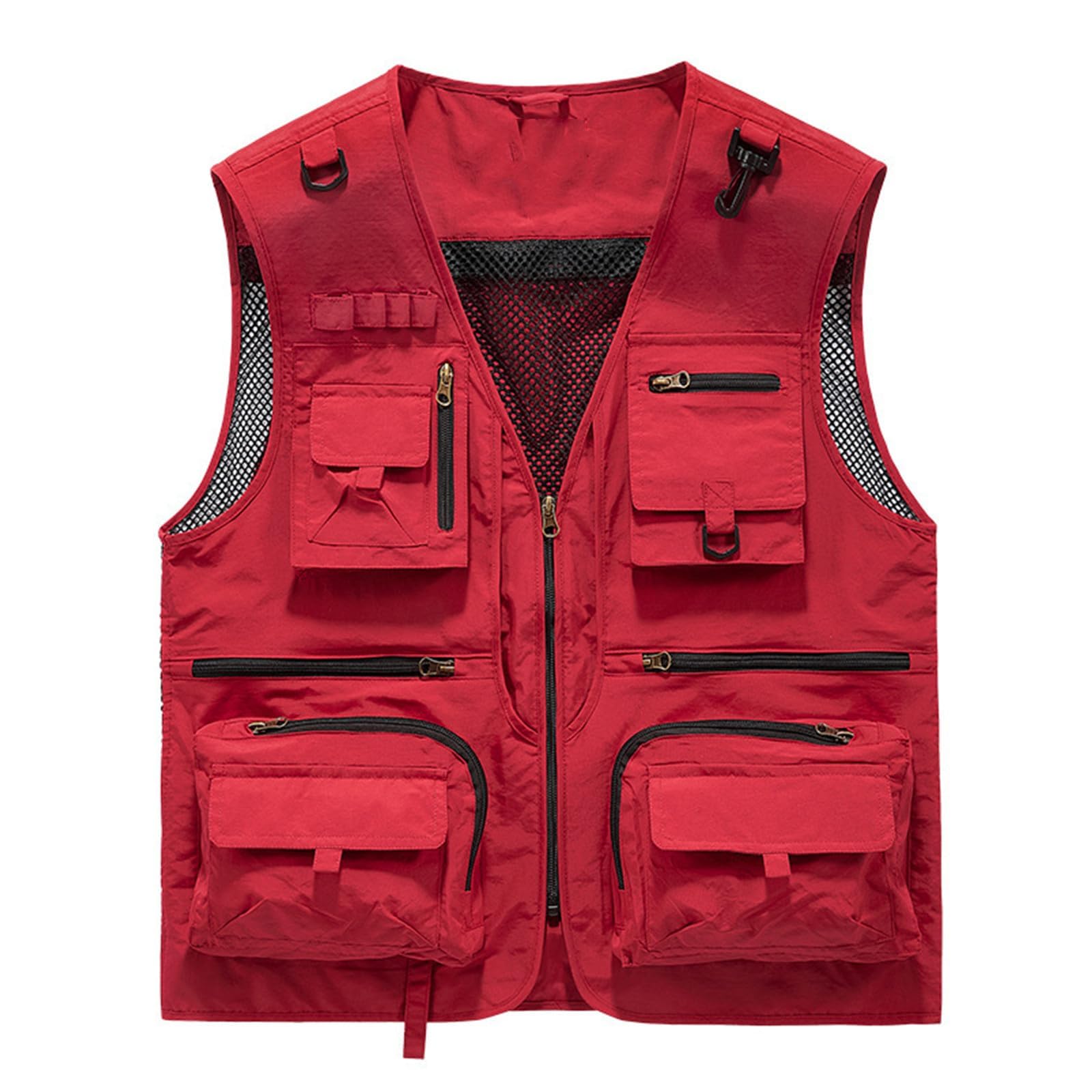 Gilet cargo in rete traspirante con zip, gilet estivo da lavoro da uomo con tasche, gilet tattico ad asciugatura rapida multi-tasca, Rosso, XXXL