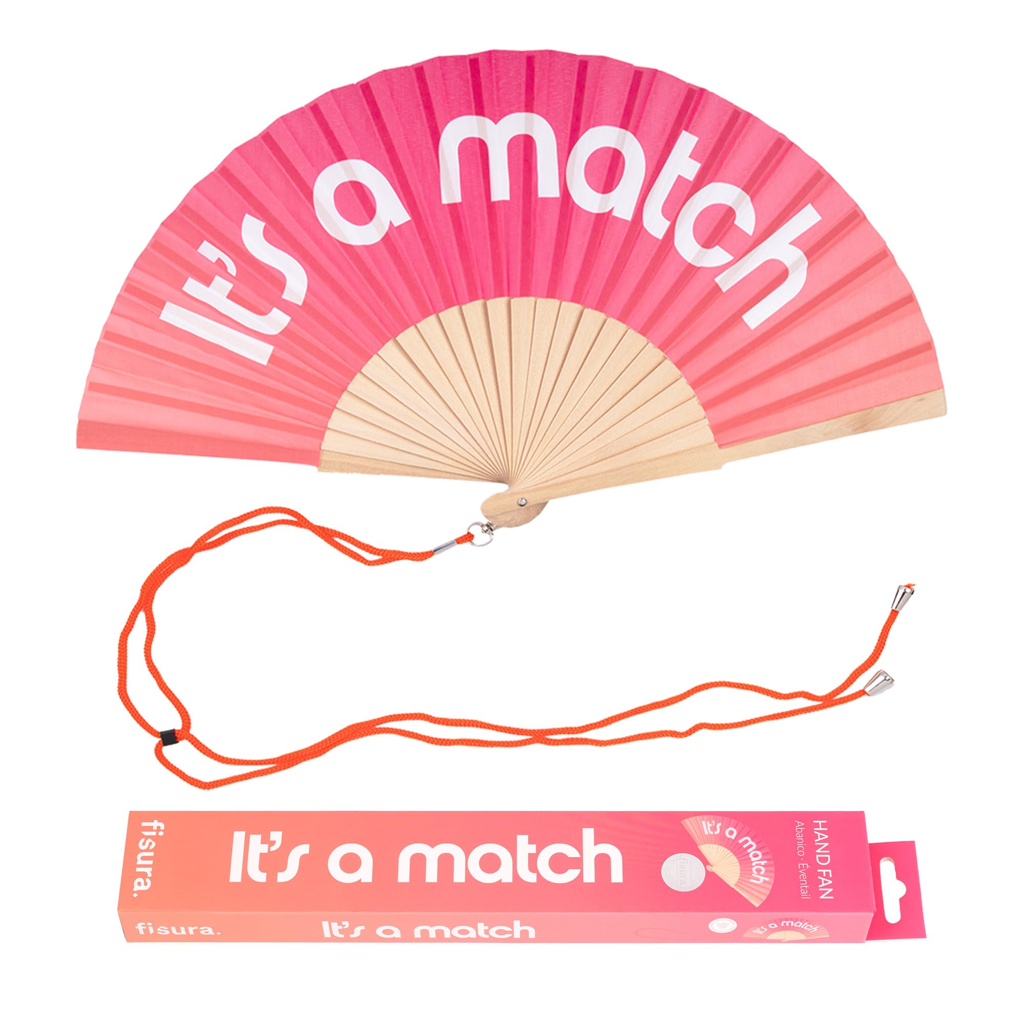 Fisura – Original Folding Handheld Fan with Fun Message “It´s a match”. Wooden Folding Fan for women. Pink Design with Hanger for Wedding, rave, festival. Size: 42.5 x 23 cm — image 1