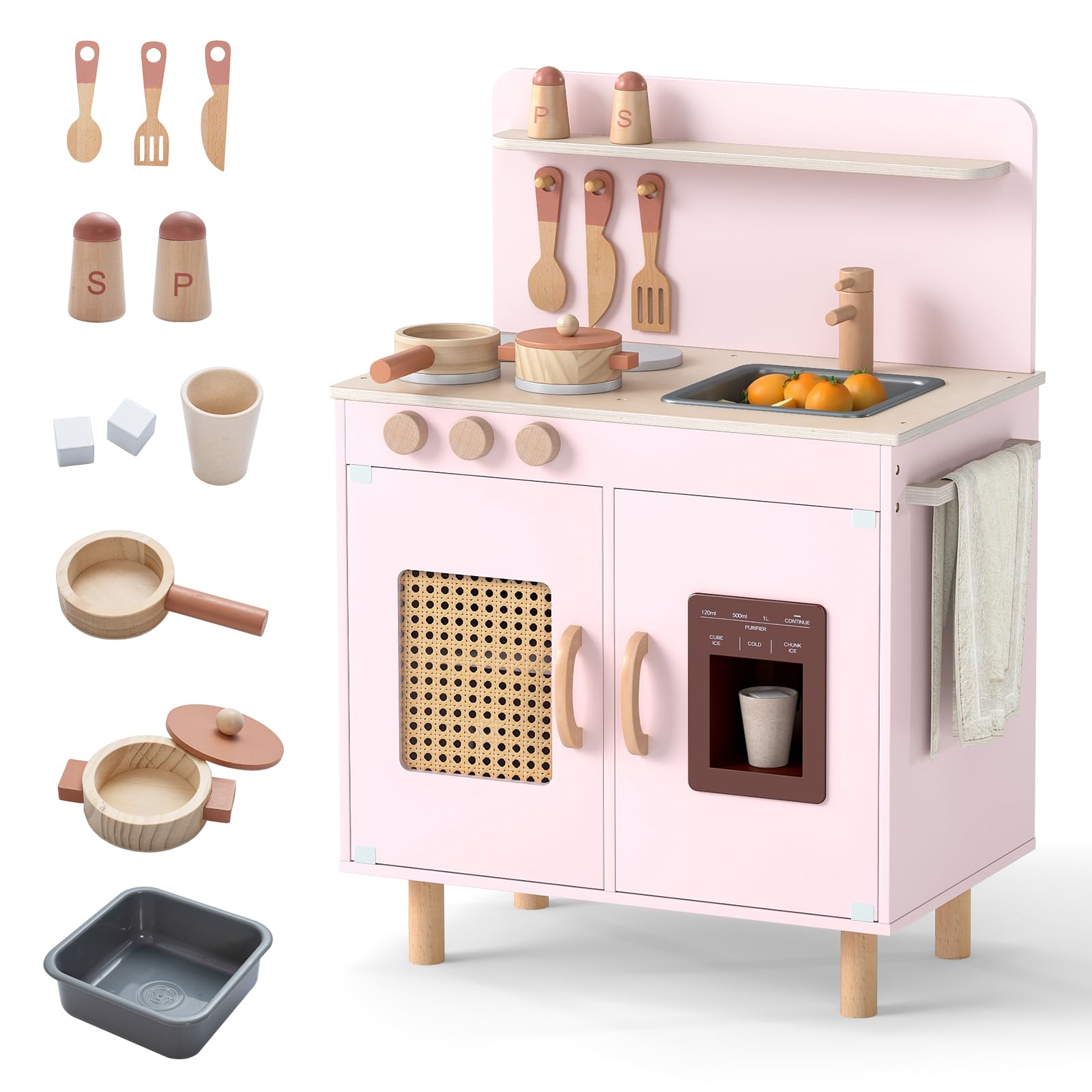 COSTWAY Kinderküche, Kinder Spielküche inkl. Zubehör mit Herd, Wasserspüle & Eismaschine, Spielzeugküche mit Stauraum, Holzküche für Jungen & Mädchen ab 2 Jahren (Rosa)