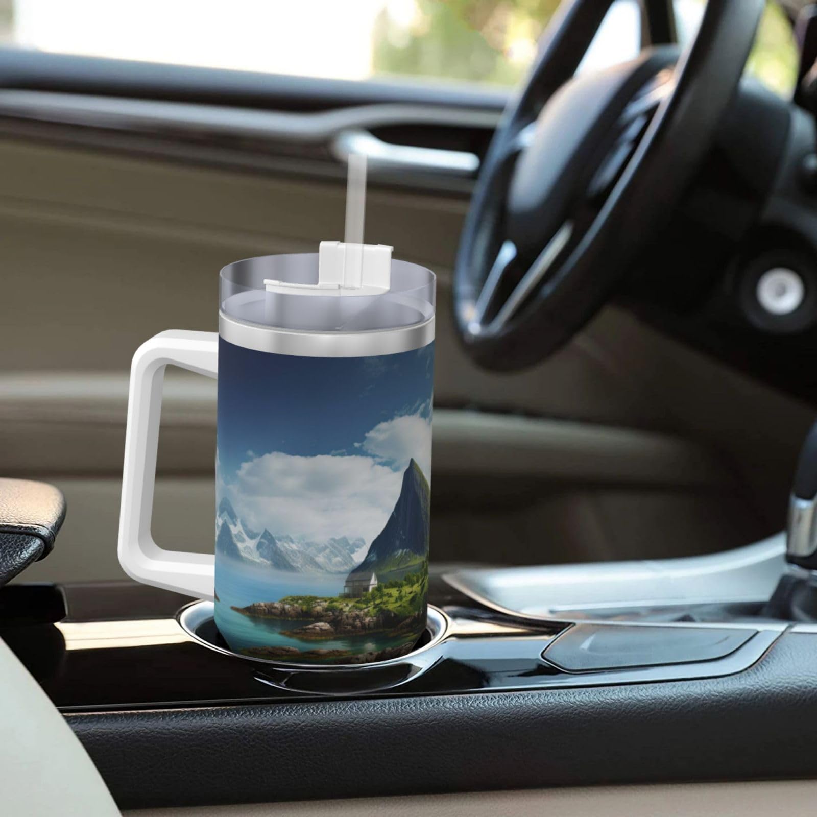 Norway Islands Ice Bully Doppelwandige isolierte Wasserflasche mit Griff und Strohhalm-Deckel, 1,2 l