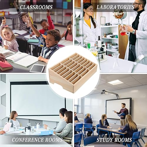 Miniatura 6 de Soporte de madera para teléfono celular de 36 rejillas, organizador de escritorio multifuncional, caja de almacenamiento para aula, oficina, sala de