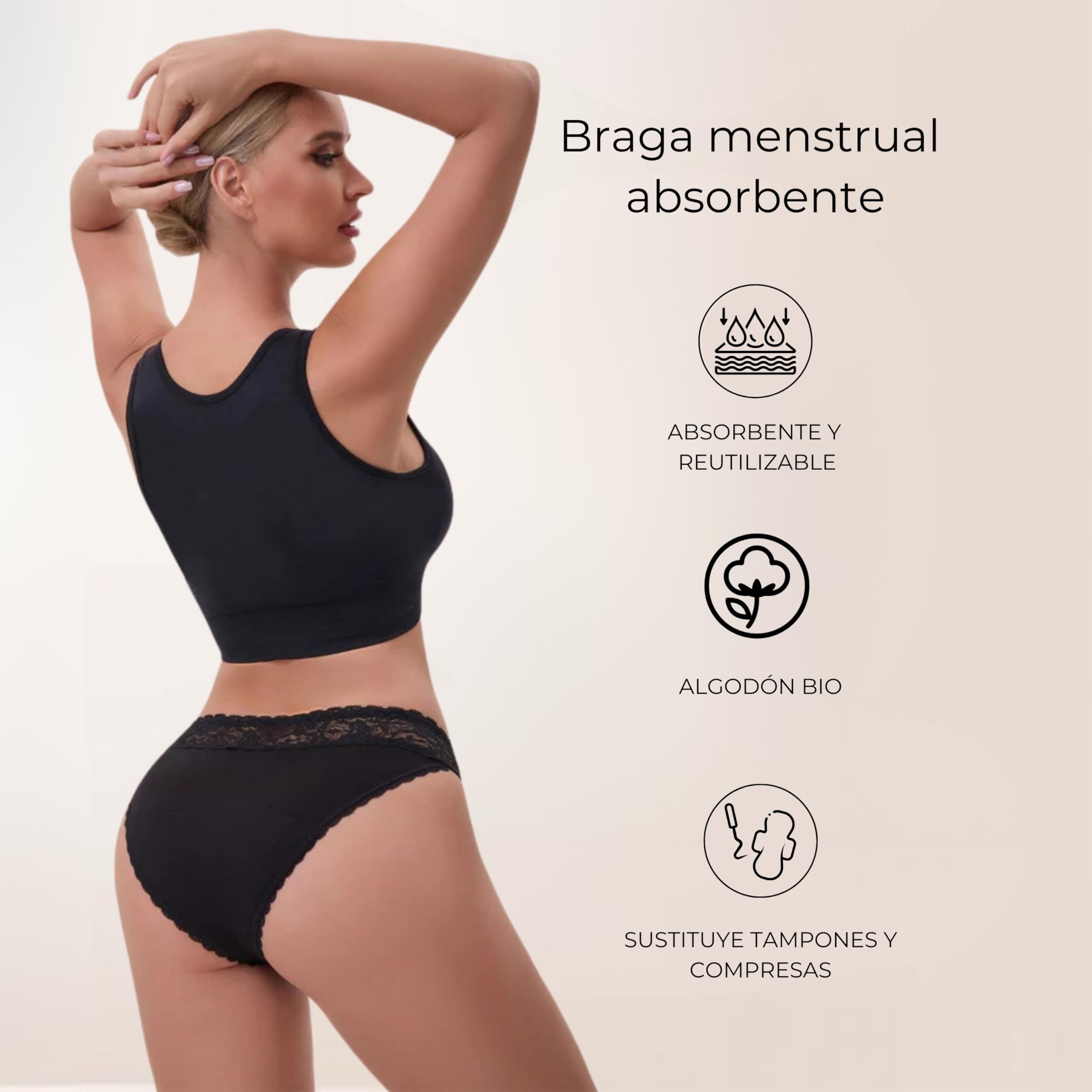 ANAISSA Pack 2 Bragas Menstruales Reutilizables de Algodón para Flujo Abundante – Absorción Alta, Protección Delantera y Trasera, hasta 12 Horas de Comodidad