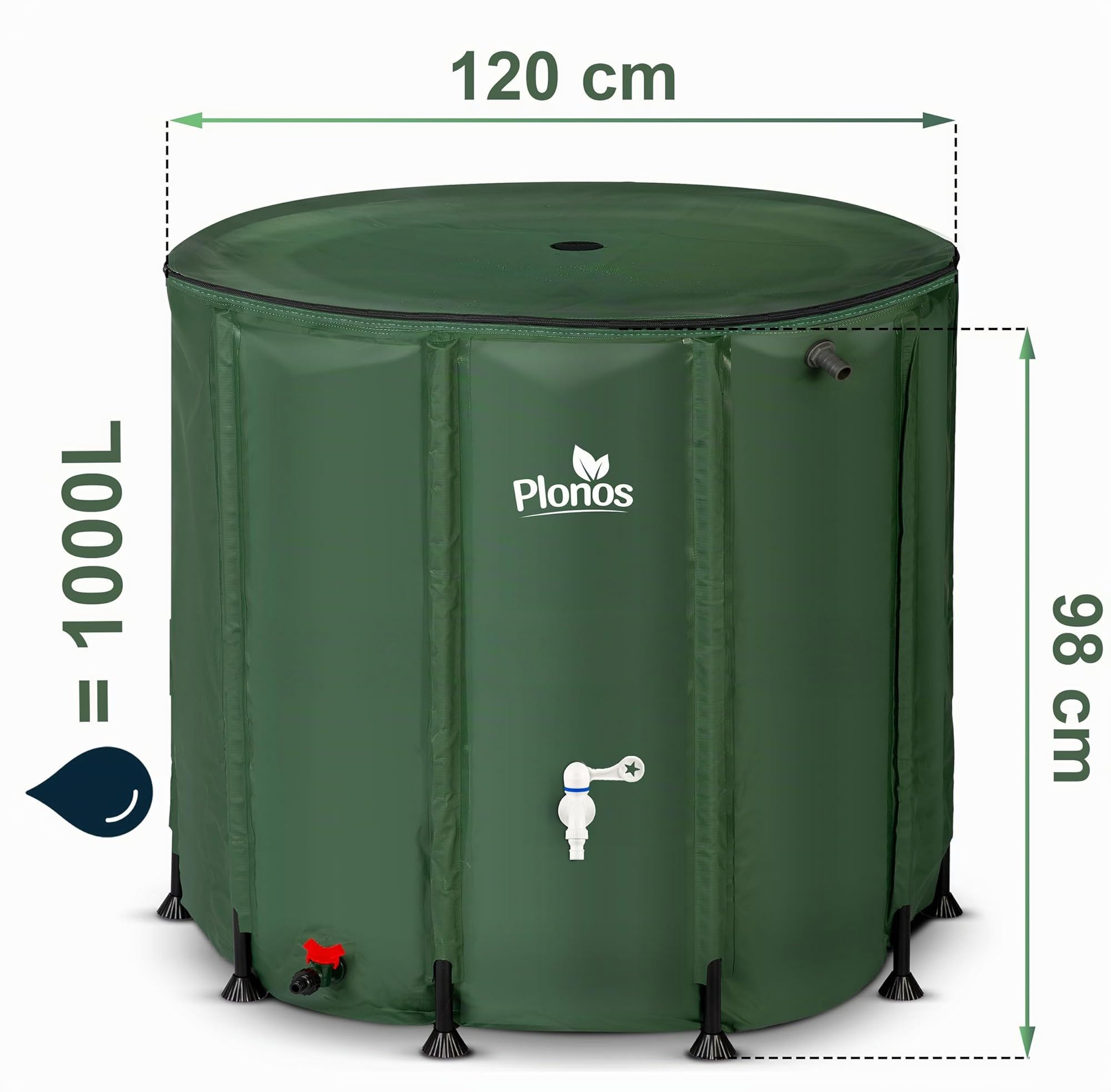 Tanque de Lluvia de 1000 l Barril de Agua con válvula de Drenaje 96 x 120 cm Verde