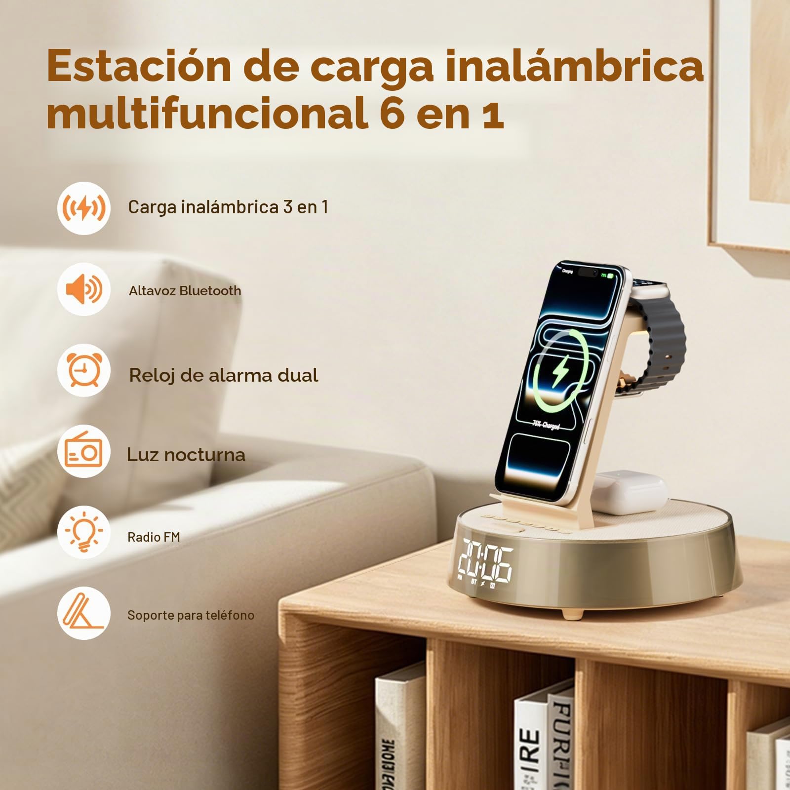 6 en 1 Cargador Inalámbrico para i Phone 17-11, Altavoz Bluetooth con Radio Despertador Cargador para A pple Watch, Wireless Charger con Ajustable Luz Nocturna Regalo Hombre