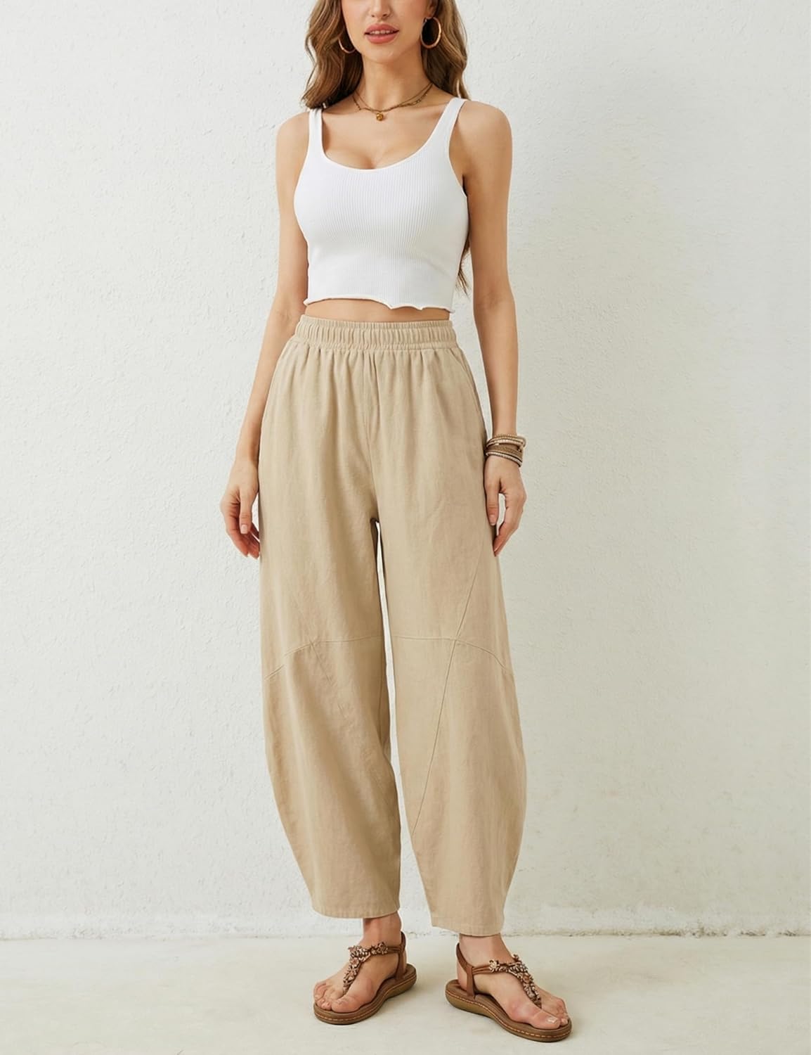Tanming Womens Barrel Pants Mid Elastic Waisted Summer Capri Pants Loose Fit Casual Wide Leg Trousers - Image 2