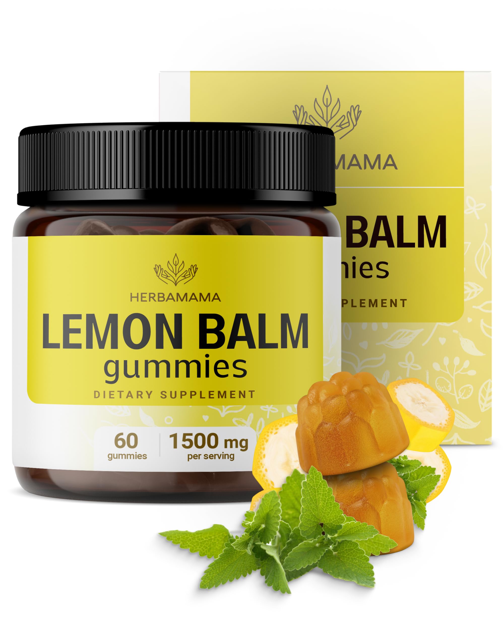 HERBAMAMA Lemon Balm Calming Gummies - 1500mg Lemon Balm Leaf for Relaxation - Vegan Non-GMO Melissa Officinalis Supplement - 60 Pectin-Based Banana-Flavored Chews