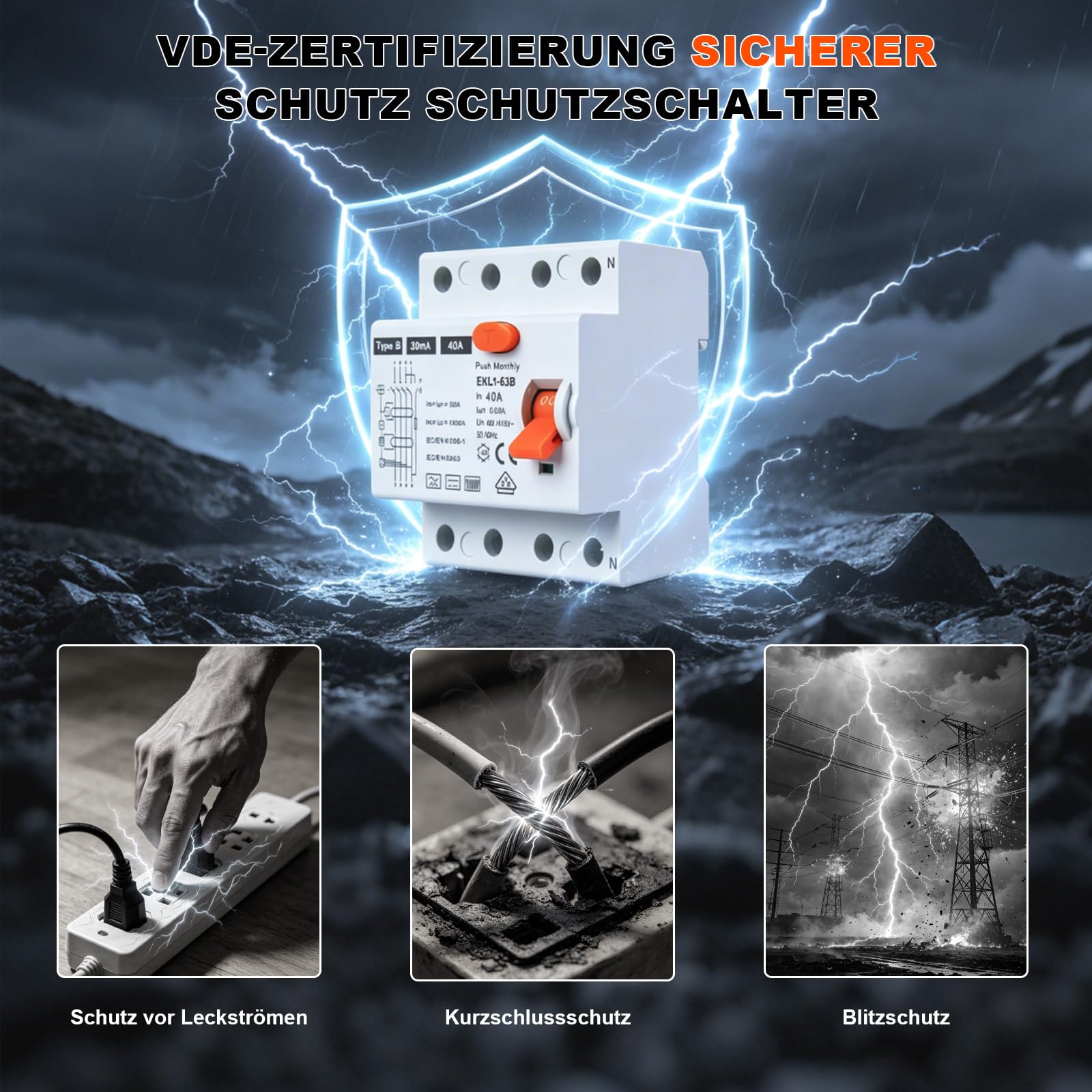 VDE-Zertifizierung FI Schutzschalter 40A 30mA 4P Typ B | Allstromsensitiv RCD | Für Wallboxen & Ladestationen