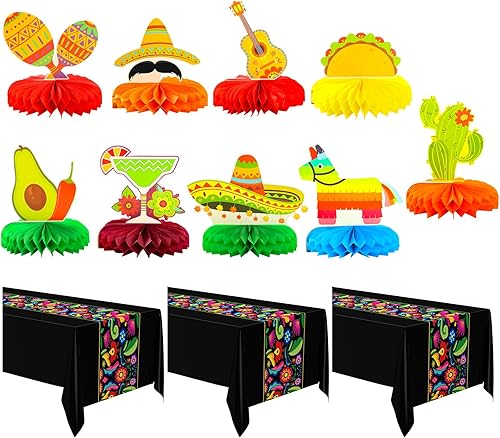 Oudain 12 piezas de decoración de fiesta para fiestas, 3 piezas de 108 x 54 pulgadas, mantel de plástico Cinco de Mayo con 9 piezas de nido de abeja