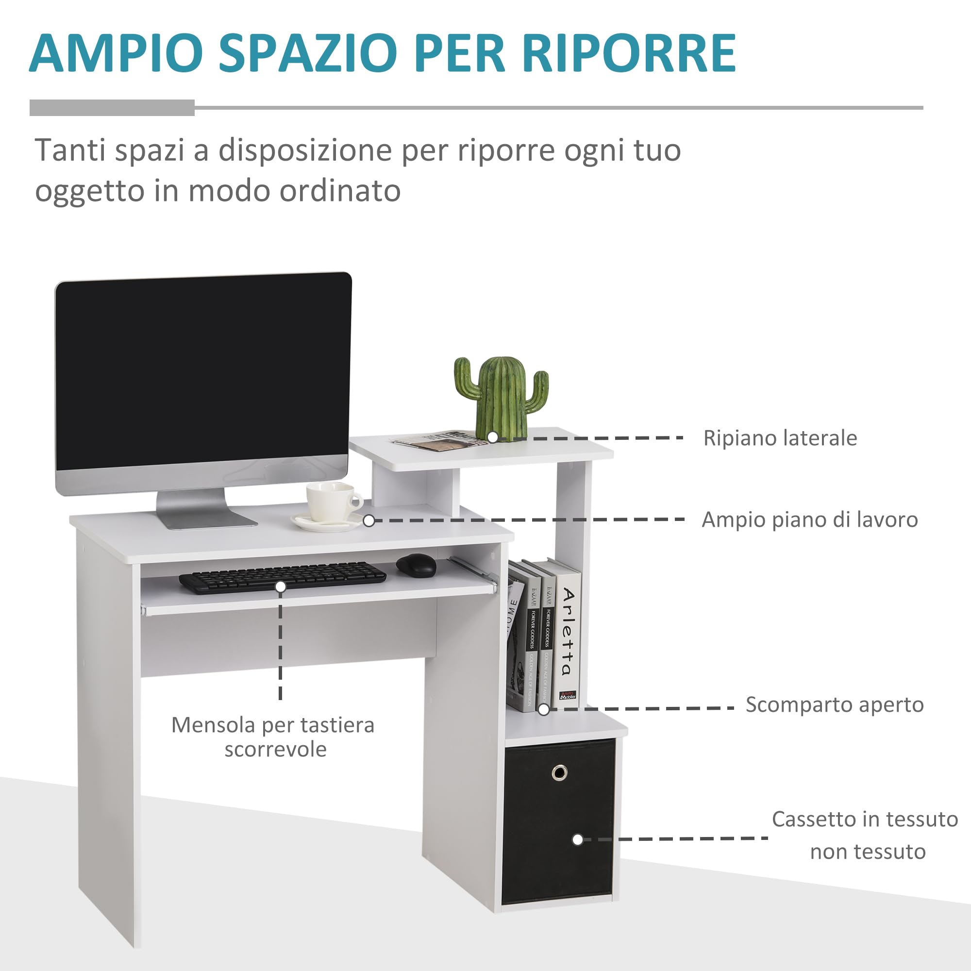 HOMCOM Scrivania Moderna Porta PC con Ripiano 100x40x86.6cm Bianco e Nero | Scrivania per Computer, Mensola Porta Tastiera, Cassetto in Tessuto
