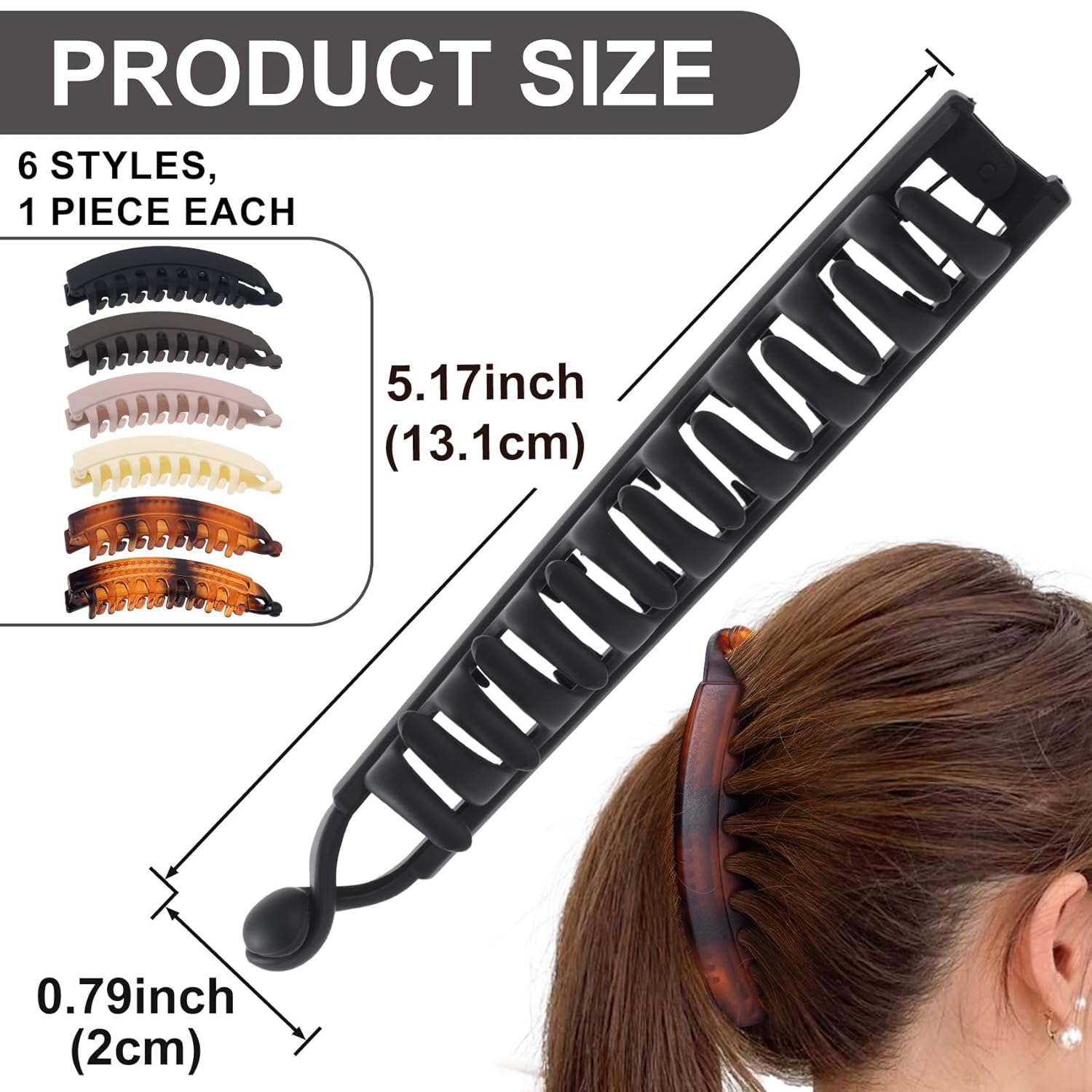 6pcs Banana Hair Clips, Non-Slip Large Hair Claws for Women, Classic Double Combs Hairpin Accessories for Thin Curly Straight Long Short Hairstyles- 6 Colors - Image 2