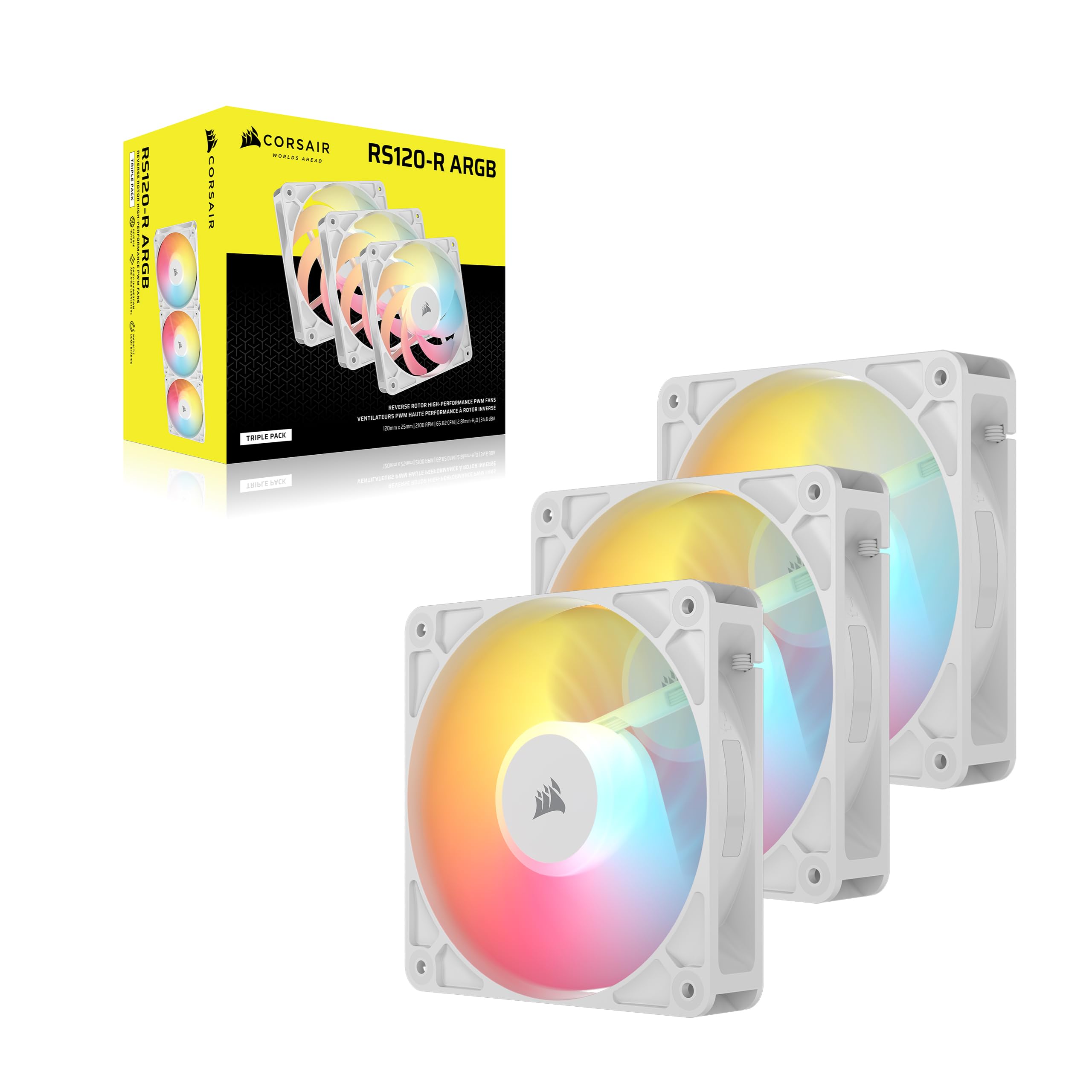 CORSAIR RS120-R ARGB 120 mm PWM Wentylatorów o Odwróconym Przepływie – Odwrócone Łopatki Wentylatora, 8 Diod LED RGB — Wysokie Ciśnienie Statyczne, Tryb Zero RPM – Zestaw Potrójny – Biały