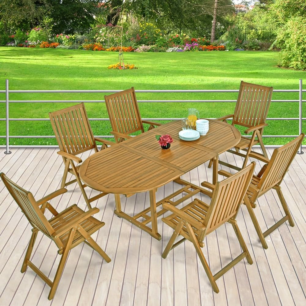 CASARIA® Gartenstuhl Tisch Set Holz 6 Personen Wetterfest FSC®-Zertifiziert Schirmständer Armlehnen Klappstühle Garten Terrasse 7-TLG. Eukalyptus Garten