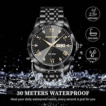 PINDOWS Mens Watches Retro Two Tone Stainless Steel Luxury Quartz Date