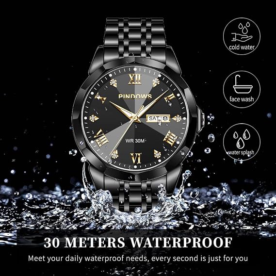 PINDOWS Mens Watches Retro Two Tone Stainless Steel Luxury Quartz Date