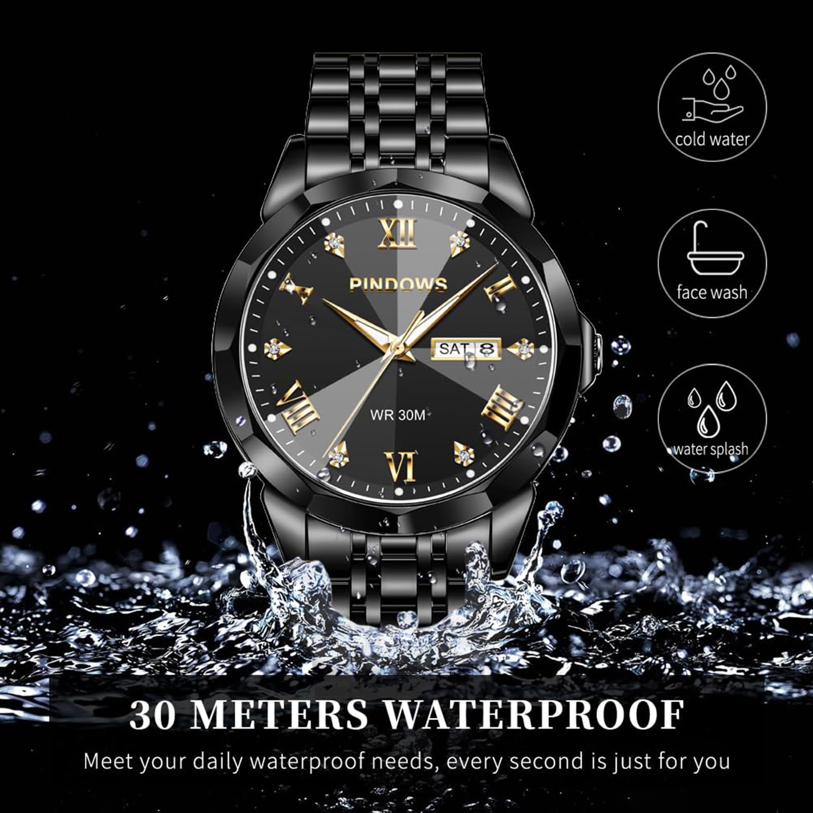 PINDOWS Herrenuhren Luxus Quarz-Analoguhr Datumsanzeige und großem Ziffernblatt wasserdichte modische Business-Armbanduhr Elegante zweifarbige Edelstahl-Klassiker-Herrenuhr mit beleuchtetem Kalender