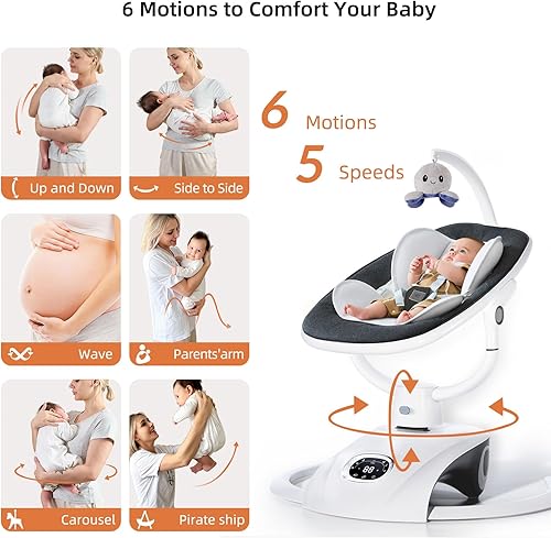 Miniatura 2 de Columpio eléctrico para bebés con 6 movimientos automáticos para bebés recién nacidos con control remoto, 5 velocidades, 13 melodías, gris claro