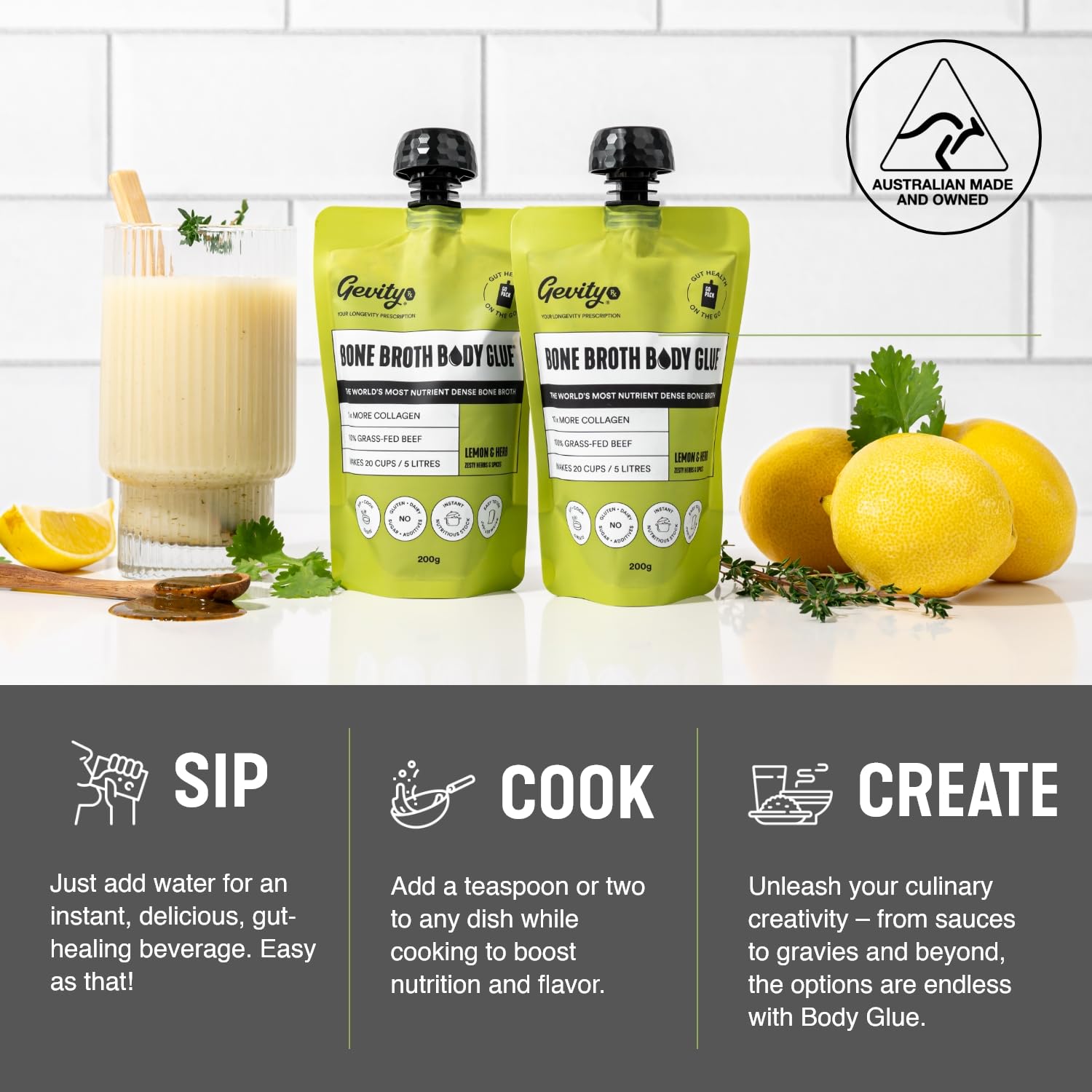 Gevity Rx Bone Broth Body Glue- LEMON & HERB, Go Pouch, Bone Broth Concentrate, 10x more collagen*, The Most Nutrient Dense, Sip-Cook- Create, 100% Grass Fed Beef, 20 servings|5 Litres, 7.05 Ounce