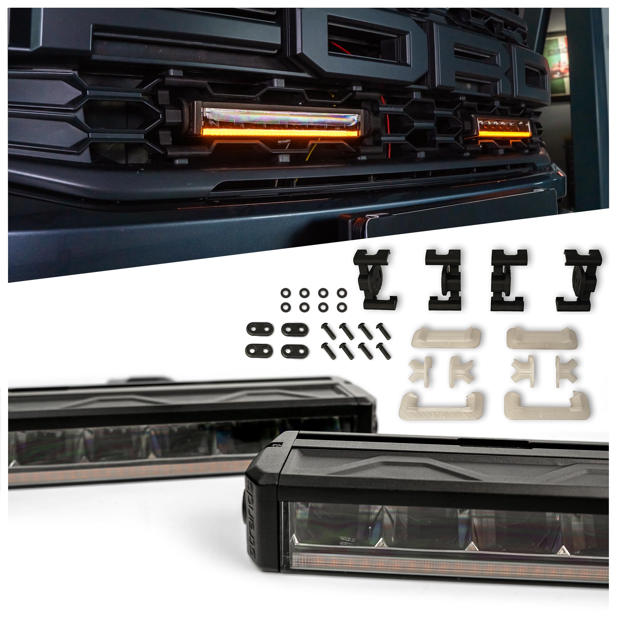 CHROMEMASTER | Due Luci LED Integrate nella Griglia Compatibili con Ford Ranger Raptor 2022+ ; 2x Luci Diurne a Barra LED Strands Firefly 10’’; Omologazione E, 12-24V DC; 3 Modalità di Illuminazione