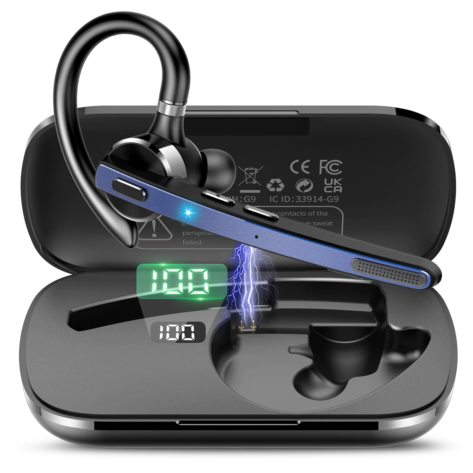 Thunelec Auriculares Manos Libres, 90 Horas aptx Auricular Bluetooth Mono con Doble Mic Cancelación de Ruido, Conexión Dual, Botón Mudo, Auriculares Manos para Camioneros, Negocios y Deporte, Azul