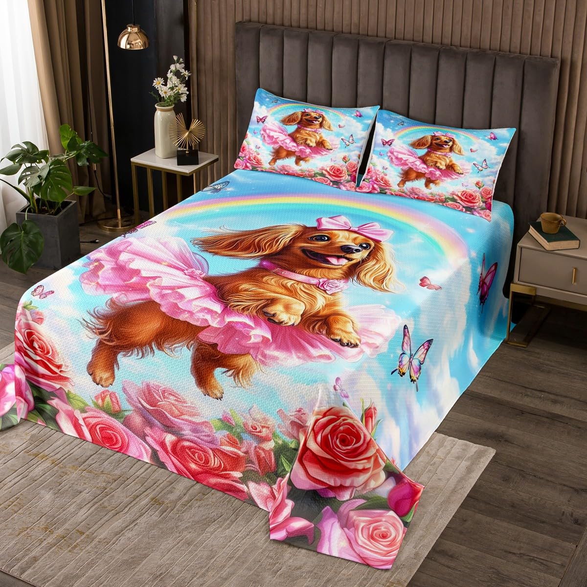 Funny Dog Quilt Set for Kids Teens,Rose Butterfly Bedspread Coverlet,Clouds Rainbow Bed Cover Spring Floral Quilts Queen Size Decorative Quilted 2 Piece Coverlet with 1 Pillow Sham,Twin Size