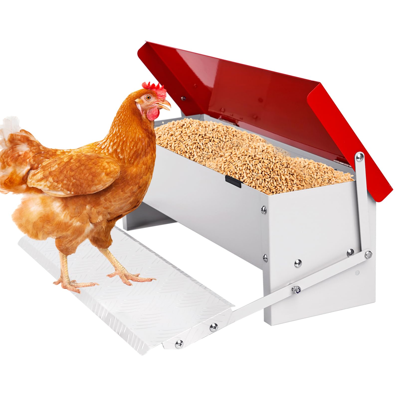 Comedero para Pollos con Pedal Metálico Capacidad 7kg, Alimentador Antidesperdicio Resistente a la Intemperie para Exterior con Tapa Protectora, Adecuado para 6 a 12 Pollos, Patos y Gansos