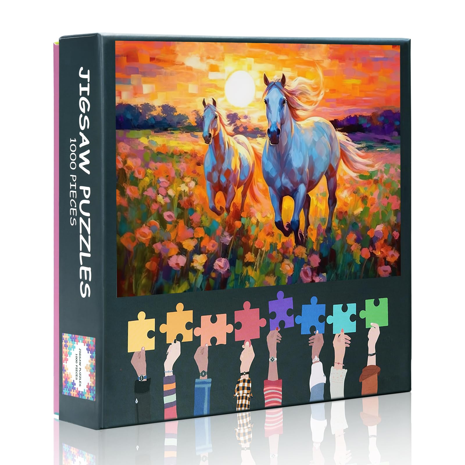 ‌1000 Piece Jigsaw Puzzle Romantic Landscape Galloping Horses in Sunlit Flower Field Impressionist Art Adult Challenging Puzzle Gift Wall Decor for Home Office (27.5x19.7 Inch)‌