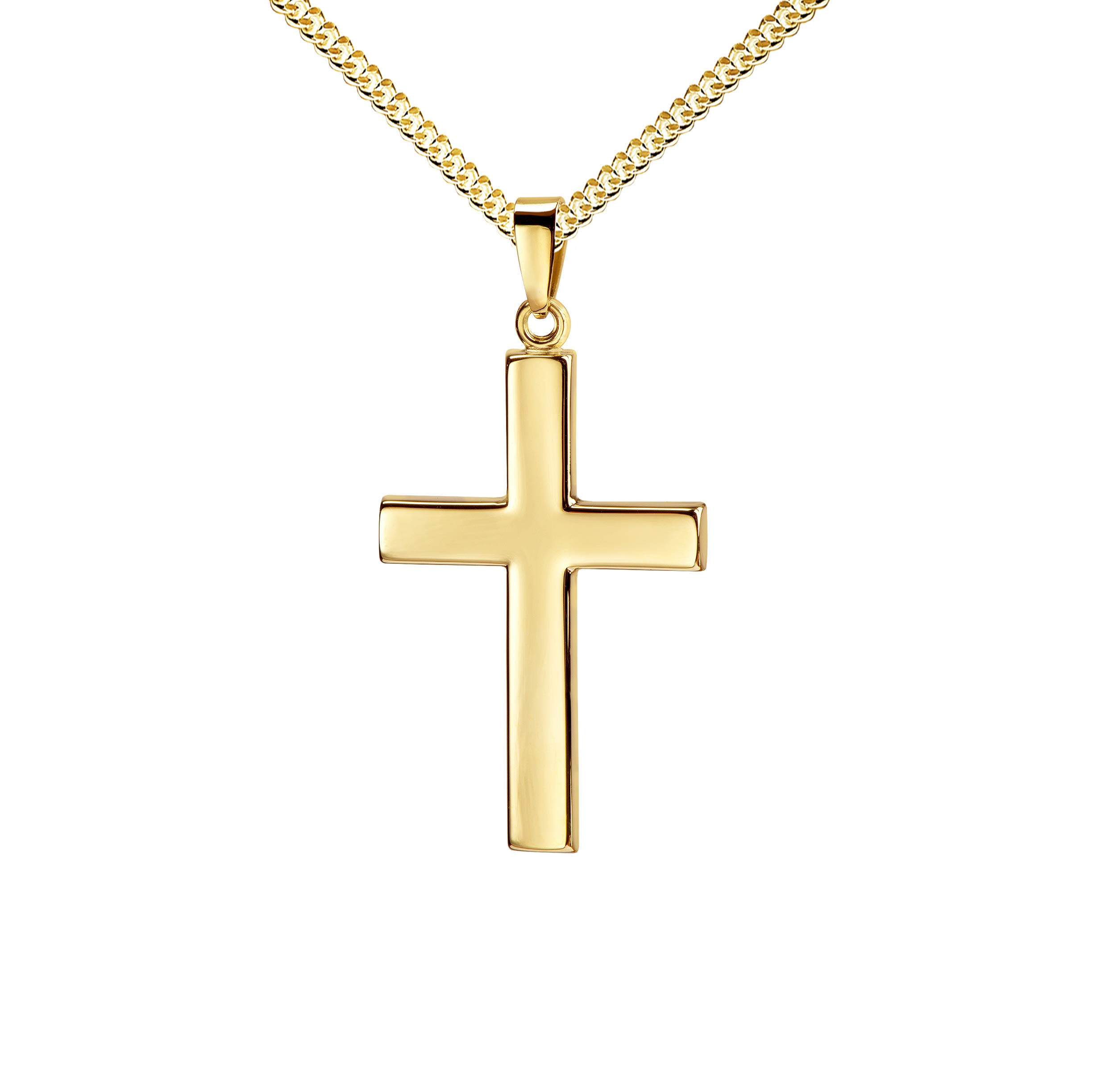 Halskette Kreuz-Anhänger mit Panzer-Kette große Ausführung in Hochglanz poliertes Gold-Kreuz für Herren als Ketten-Anhänger + Schmuck-Etui
