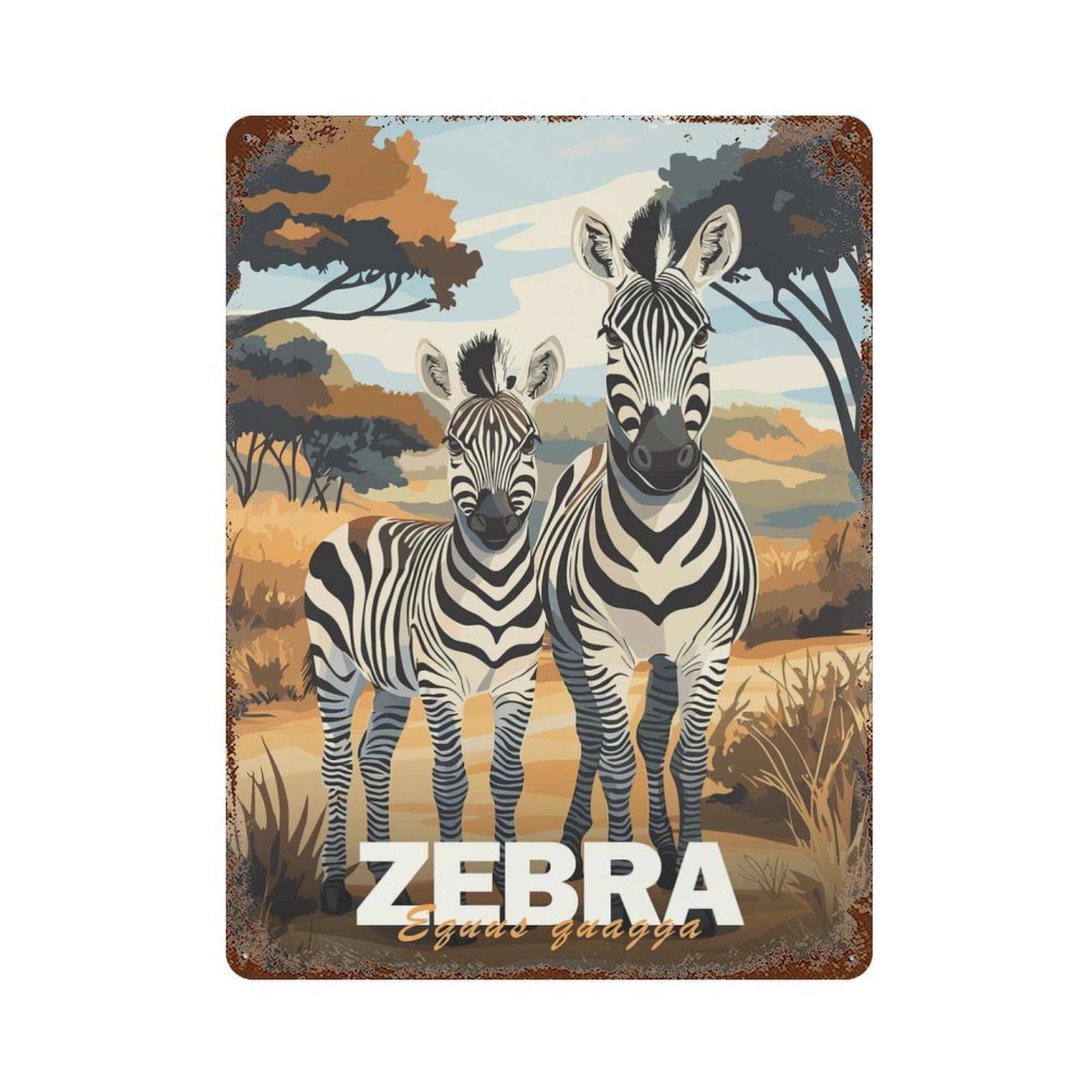 Zebra Family in Savannah Vintage Wall Sign 15.7"x11.8", Rust Effect Metal Decor for Farmhouse, Kitchen And Entryway Decor