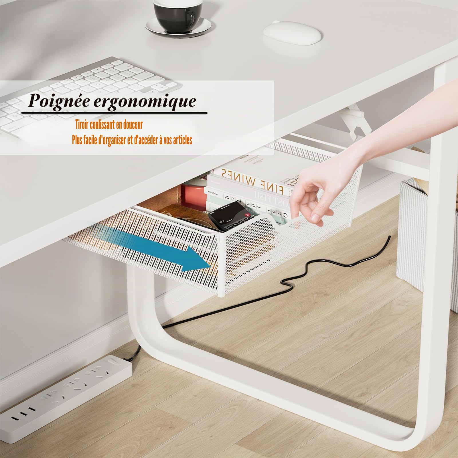 2 Pack Tiroir Sous Bureau Autoadhésif Rangement Tiroir Bureau Grille Blanc | Tiroir Coulissant Rangement Sous Bureau Métal avec 2 Vis, Tiroir Rangement Autoadhésif pour Bureau Chambre Cuisine