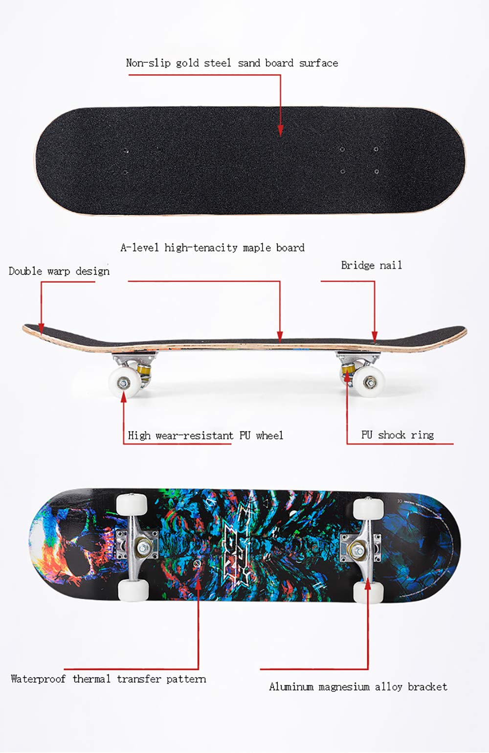 Maple Wood Decks Skateboard Completo, 30 * 8in ABEC-7 Mute Rodamientos0+95A Alta Velocidad PU Rueda, Carga330 LB, para Principiantes y Profesionales