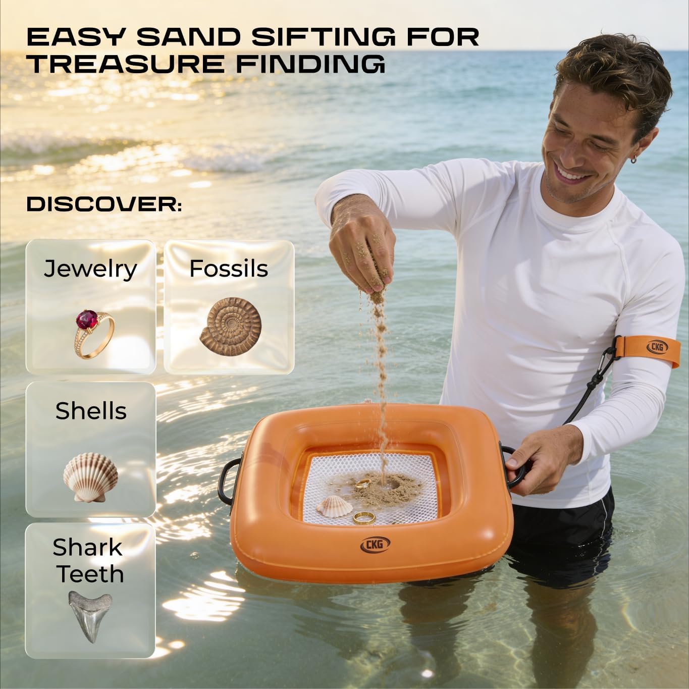 CKG Floating Inflatable Sand Sifter, Lightweight Durable Shark Tooth Sifter for the Beach with Comfortable Grip & Double Sifting Mesh, Perfect for Metal Detecting, Beach Accessories