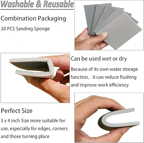 Miniatura 3 de Juego de 20 esponjas de lijado de grano 400 de 3 x 4 pulgadas, almohadillas de esponja de lijado ultra finas, bloque de lijadora de mano de espuma