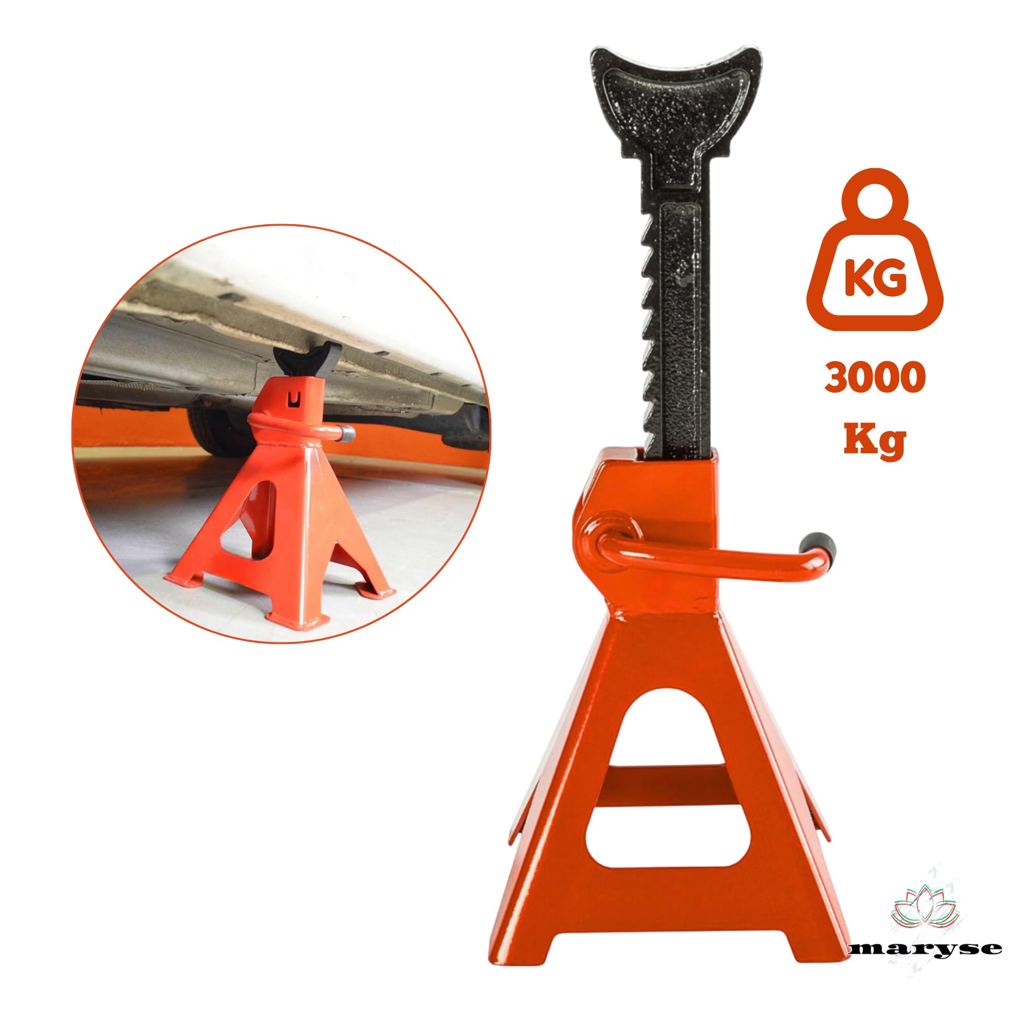maryse Coppia Cavalletti Auto 3 Tonnellate – Supporti Regolabili in Acciaio Rinforzato con Blocco di Sicurezza – Altezza 285–425 mm – Ideali per Auto, SUV e Furgoni